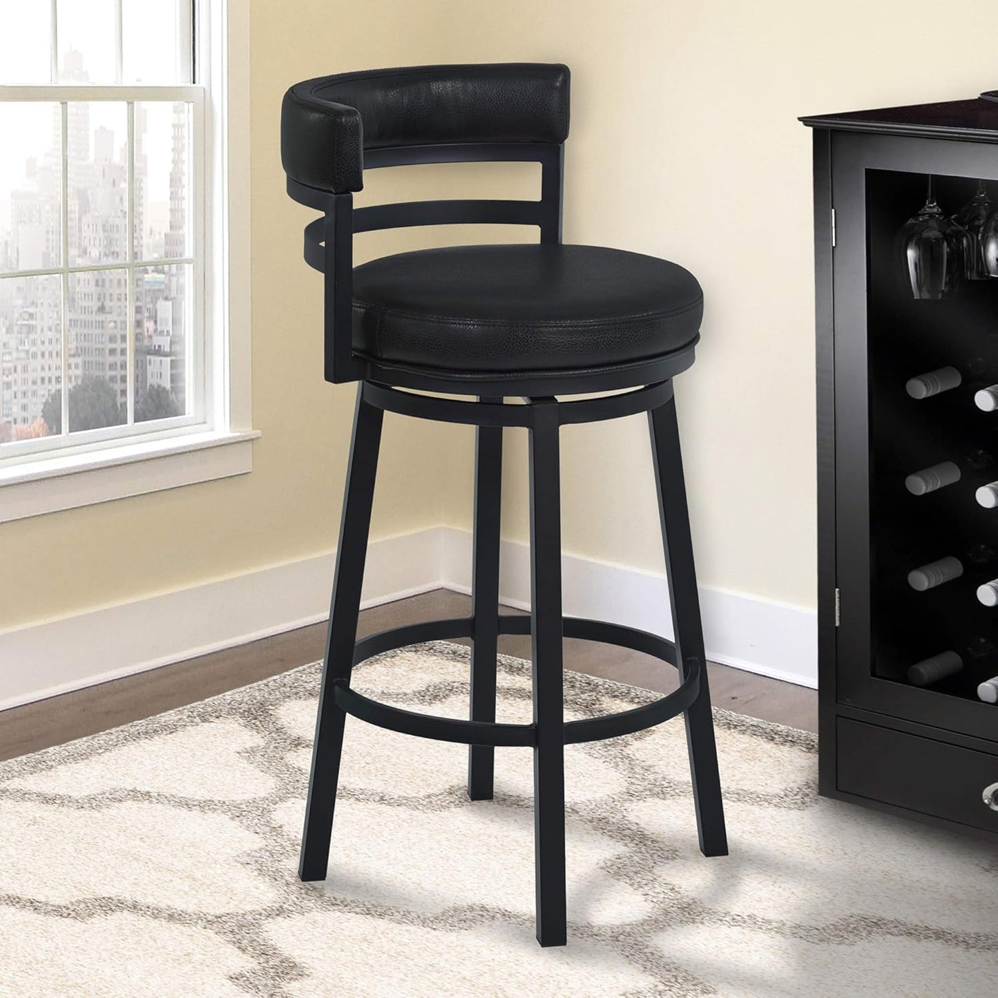 Armen Living Madrid 26" Seat Height Swivel Modern Ford Black Faux Leather and Black Finish Bar Stool for Kitchen Island Counter
