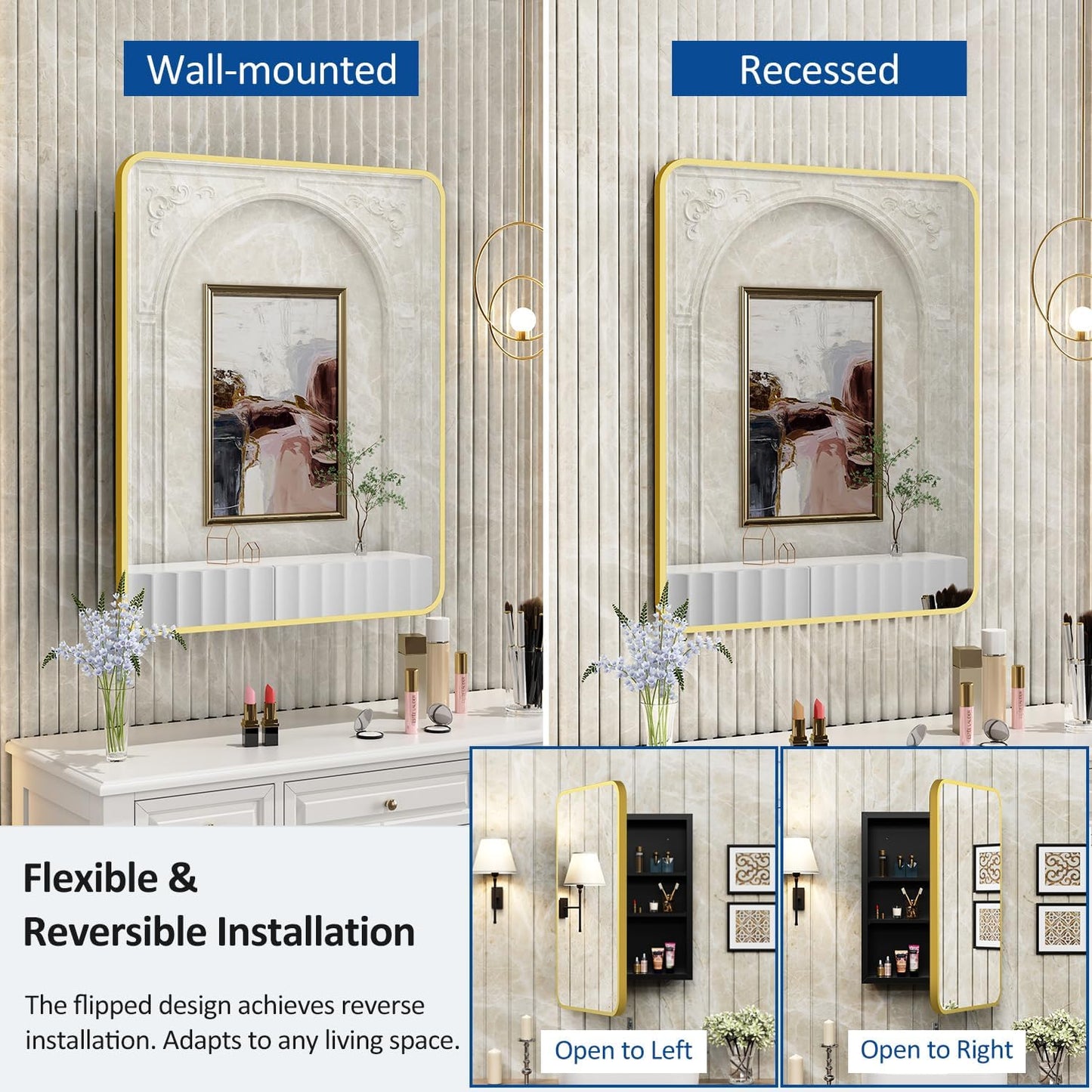 24x30 Inch Bathroom Medicine Cabinet with Mirror Gold Metal Framed Recessed or Surface Wall Mounted Mirrored Medicine Cabinets for Bathroom