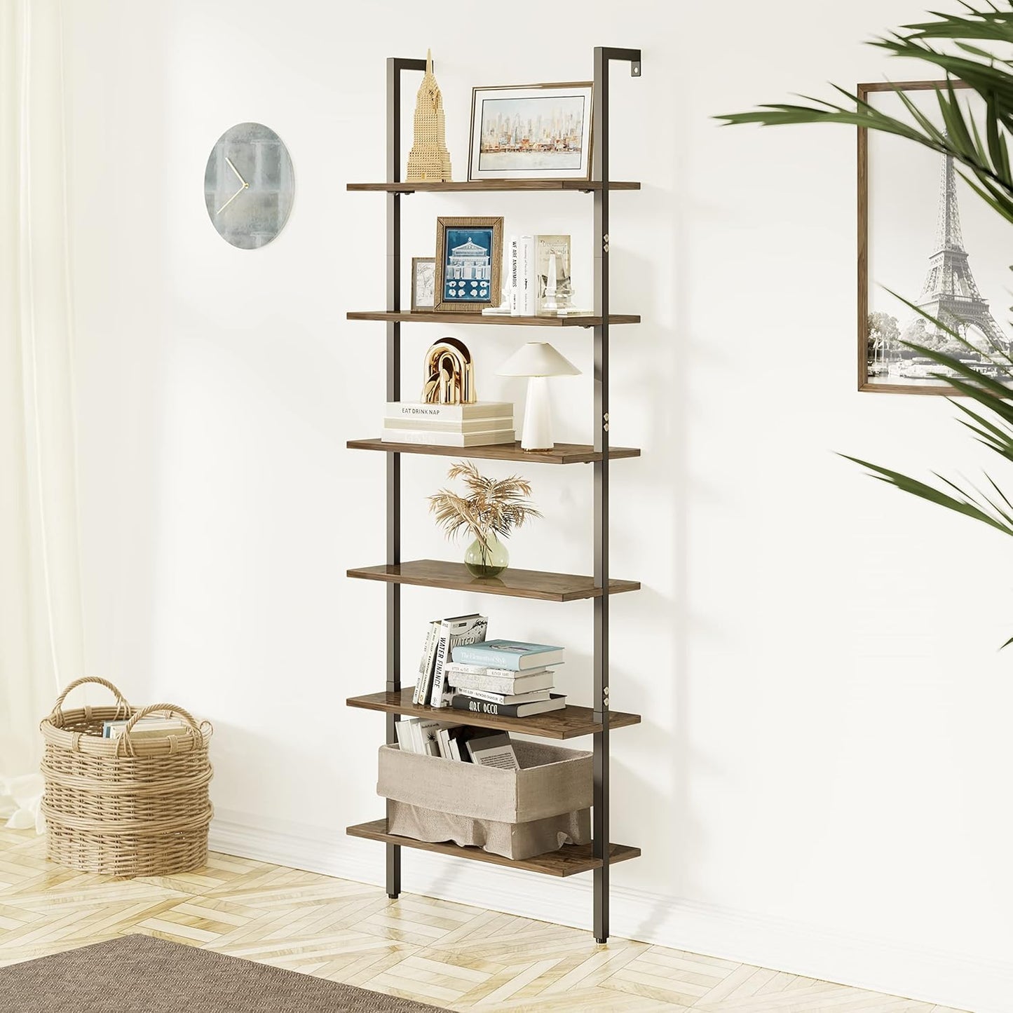 Ladder Shelf Black 6 Tiers Modern Bookshelf Room Organizer Open Tall Wall Mount Bookcase Standing Leaning Wall Shelves Industrial Decorative Living Room Bed Room (Brown)
