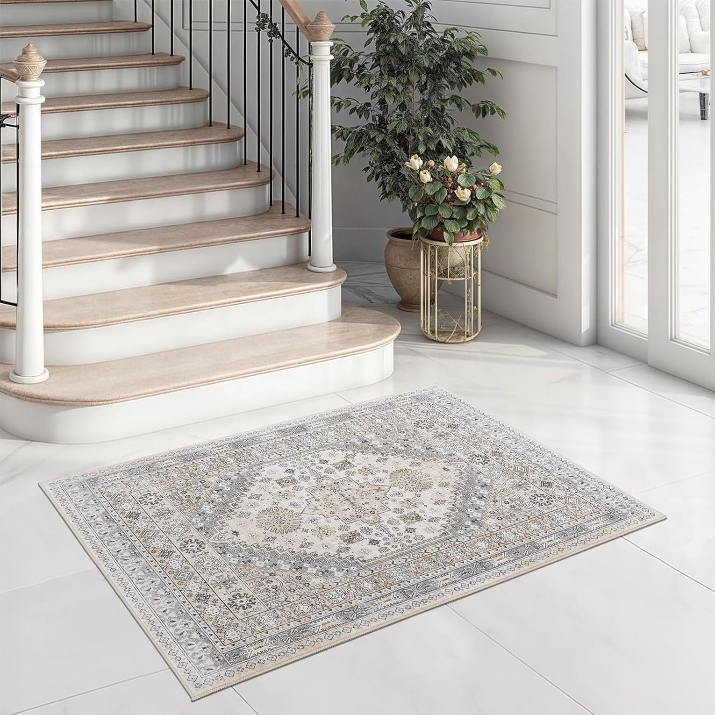 zesthome 2x3 Entryway Rug, Soft Washable Rugs, Non Slip Area Rug, Stain Resistant Low Pile Rugs for Bedroom, Vintage Rug for Door Mat, Kitchen (Beige,2'x3')
