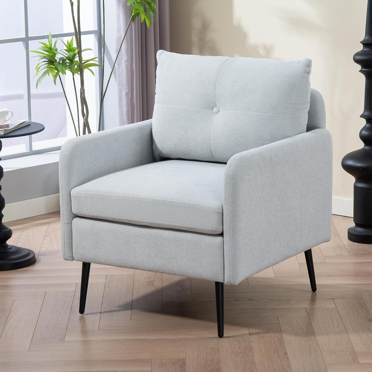 Ball & Cast Accent Chair with Metal Black Legs,Comfy Chenille Club Fabric Armchair,Single Sofa Chair for Living Room Bedroom,Dining Accent for Bedroom,Office,Sage