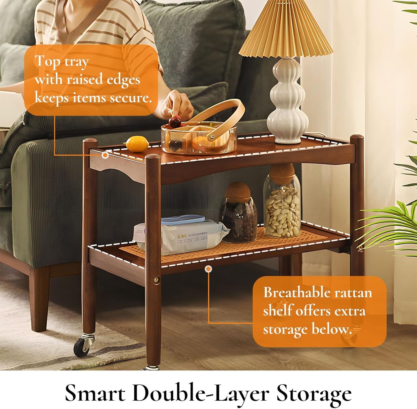 Rattan Side Table with Wheels, Small End Table with Storage, Narrow Wooden Bed Side Table for Living Room, Modern Slim Sofa Nightstand, 23.43" W*12.99" D*19.69" H, (Walnut)