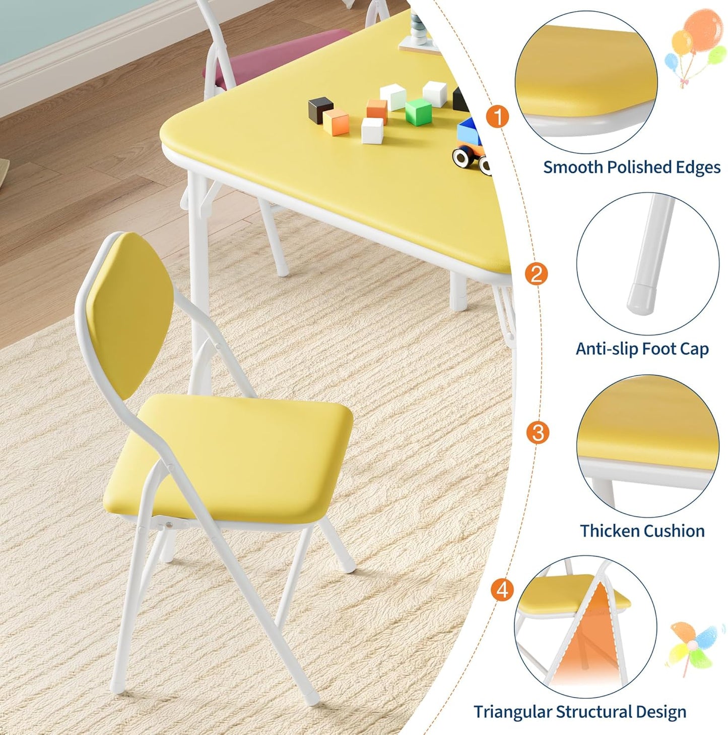 IDEALHOUSE 5 Piece Boys Girls Folding Table and Chairs Set, Activity Table and Chairs Set for Dining Room,Daycare,Classrooms