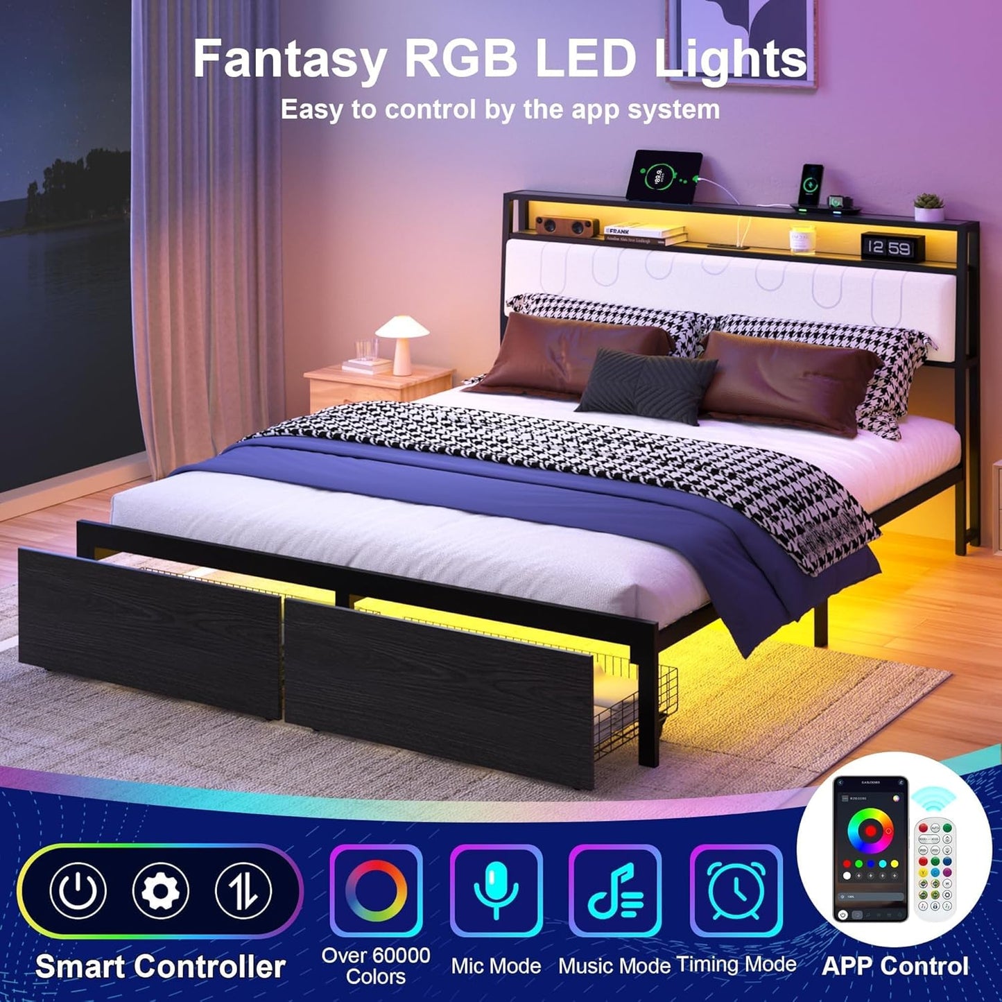 Queen Bed Frame with Storage Headboard, Metal Platform Bed Frame with LED Lights & Charging Station, Storage Drawers, Heavy Duty Metal Slats, No Box Spring Needed, Noise Free, Easy Assembly