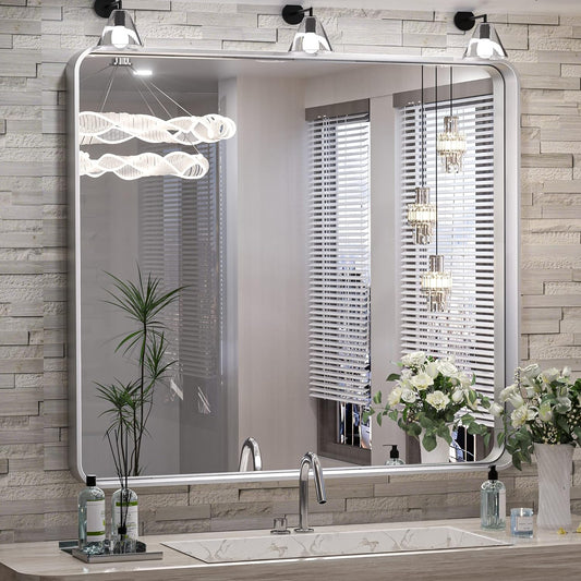 TokeShimi 36 x 36 Inch Wall Mirror Brushed Silver Bathroom Vanity Mirror with Metal Frame Aluminum Alloy Soft Rounded Corner for Modern Farmhouse Wall Decor 1”Deep (Horizontal/Vertical)