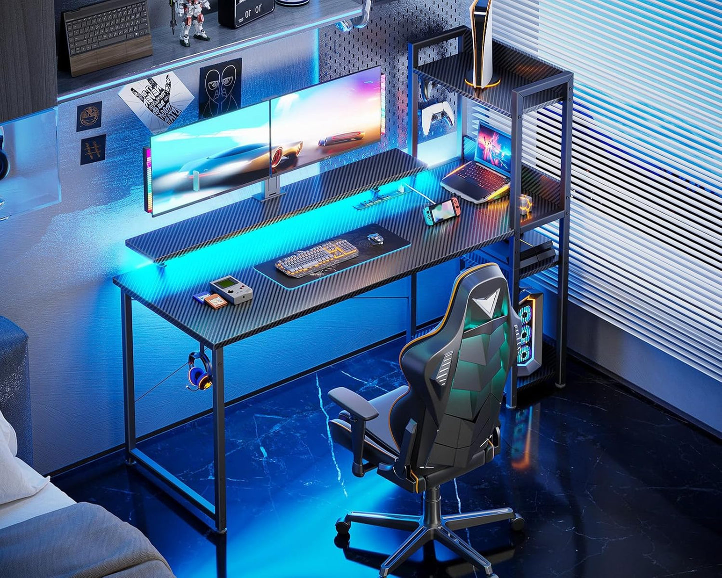 ODK Reversible 55 Inch Gaming Desk with USB Charging Port and LED Lights, Computer Desk with Storage Shelves and Monitor Stand, Study Table for Home Office, Morden Desk for Bedroom, Carbon Fiber Black