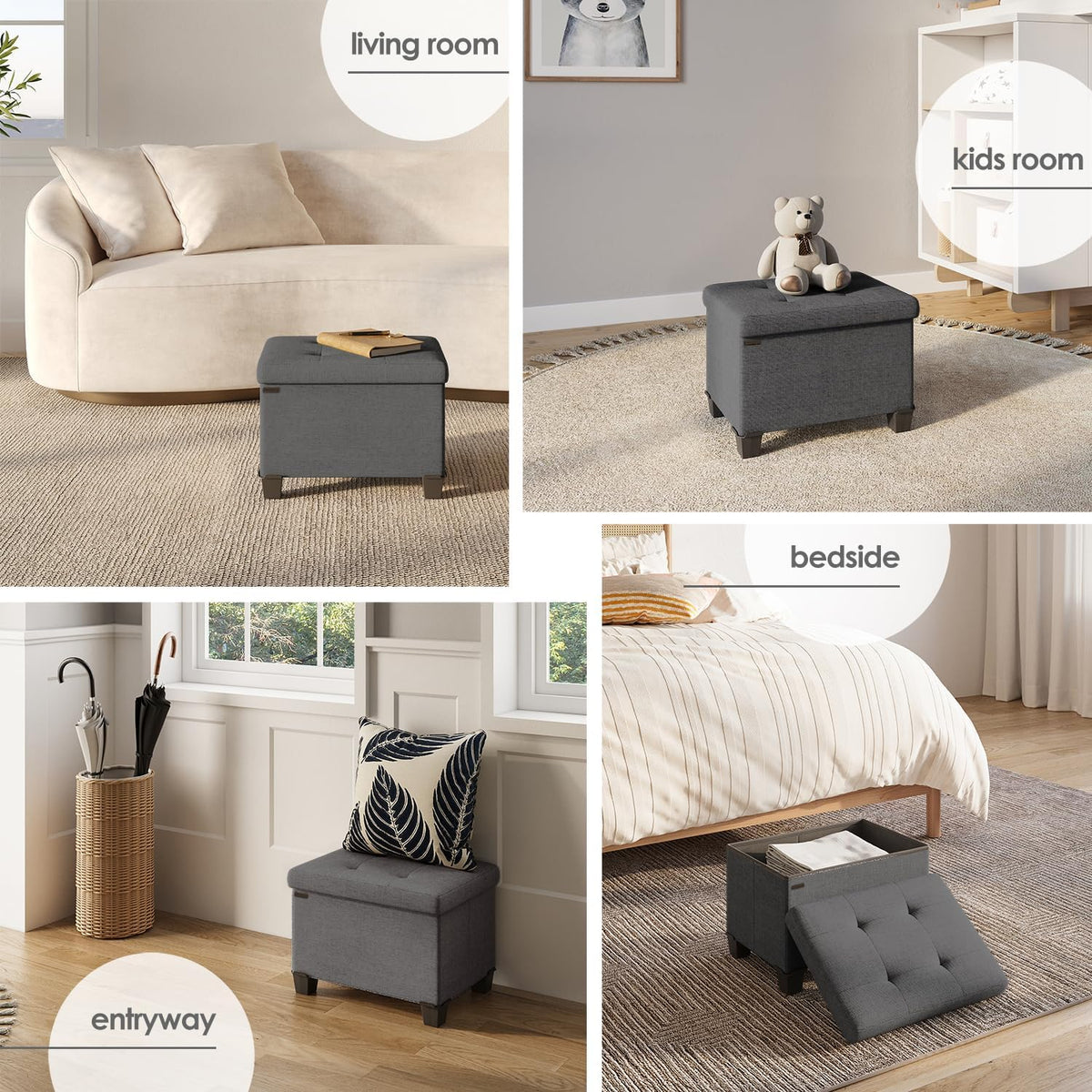 STORAGEBUD Storage Ottoman Cube with Small Bin, 16-in Square Ottoman with Storage for Living Room and Bedroom, Small Ottomans Foot Rest, Fabric Foot Stools Ottomans Max 330lbs, Grey