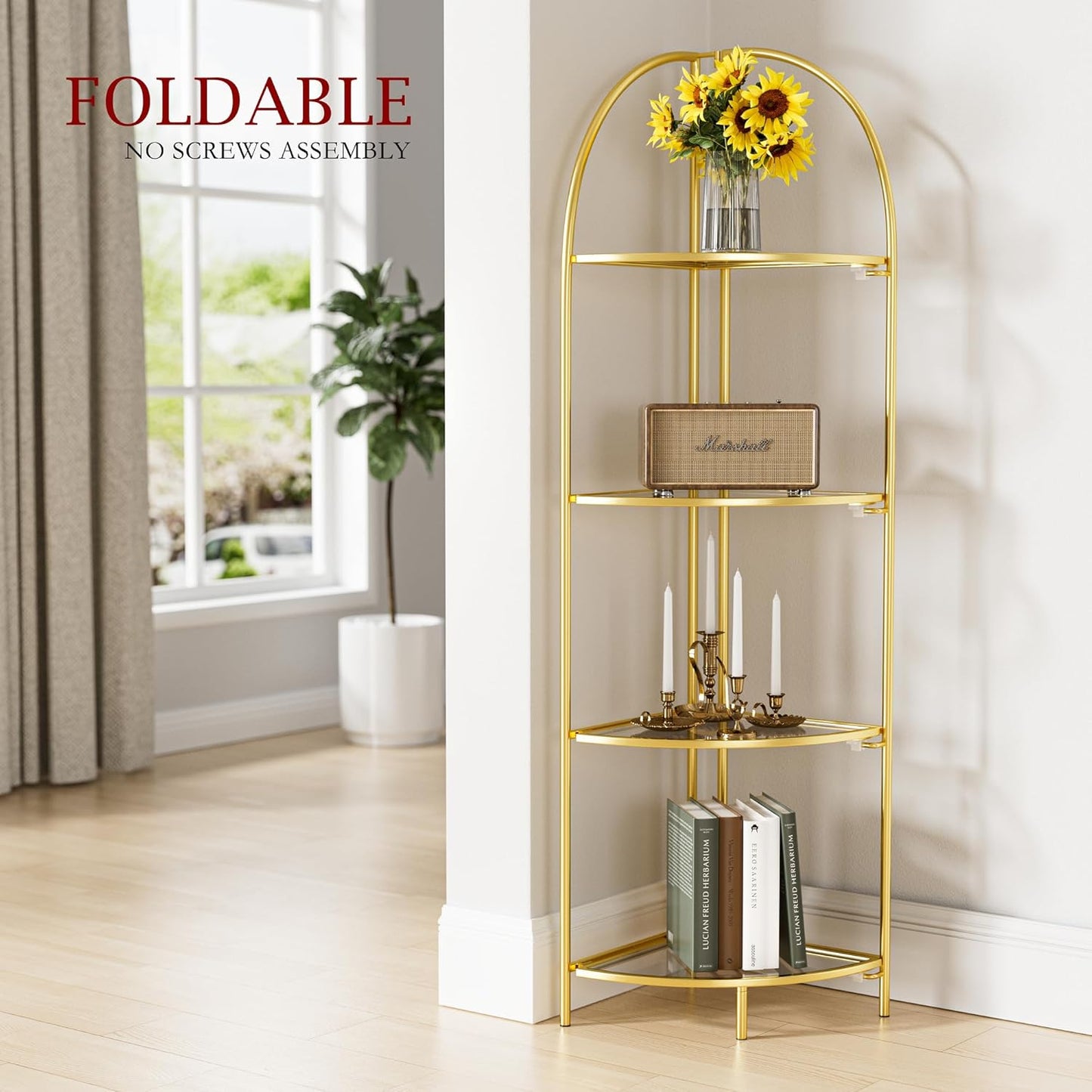 Crofy Foldable 4 Tier Corner Shelf, Metal Corner Plant Stand with Gold Frame and Transparent Shelves, Corner Display Rack Multipurpose Shelving Unit for Living Room, Bedroom, Bathroom
