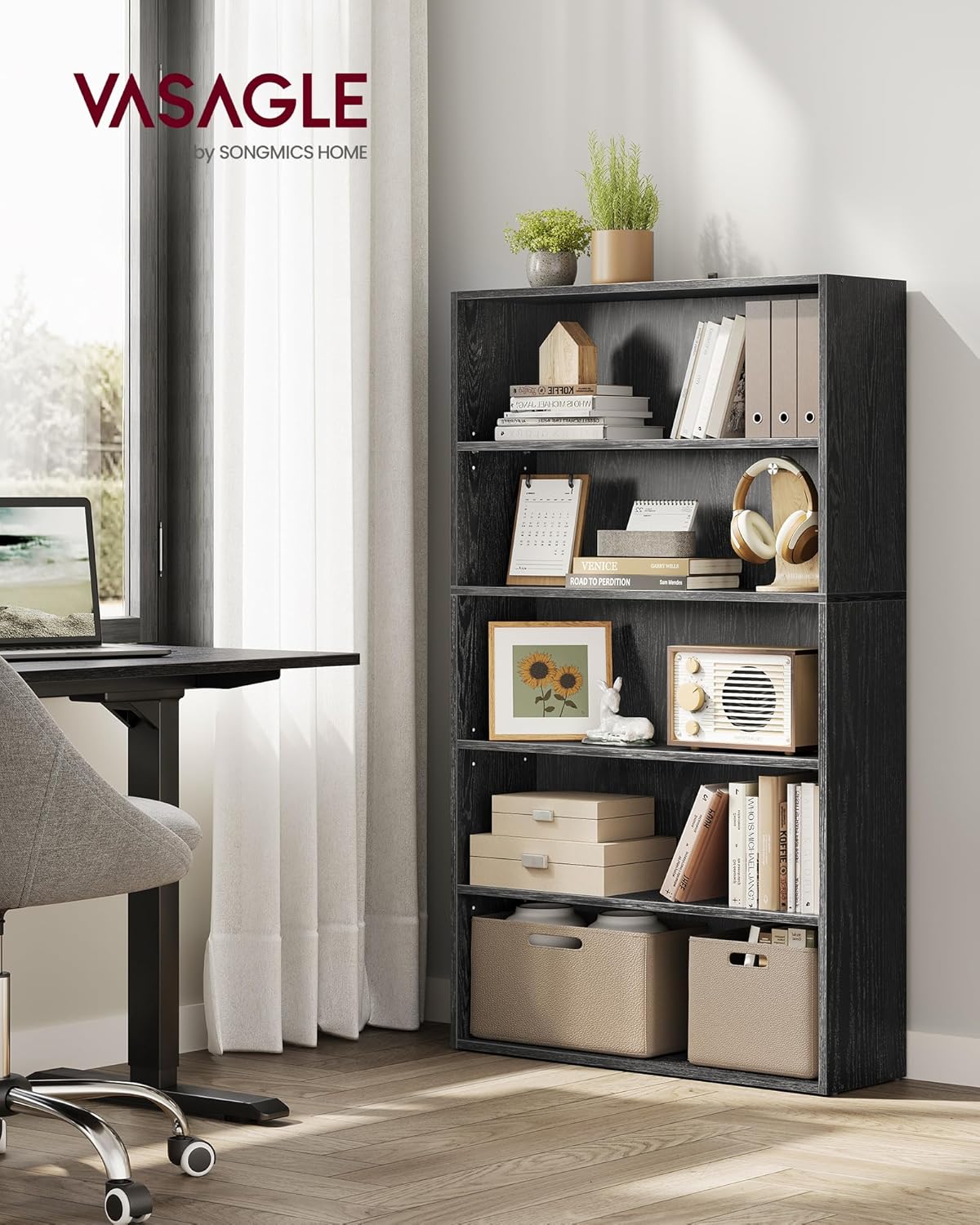 VASAGLE Set of 2 Bookshelves, 30 Inches Wide, 5-Tier Open Bookcases with Adjustable Storage Shelves, Floor Standing Units, Ebony Black ULBC175T56-2