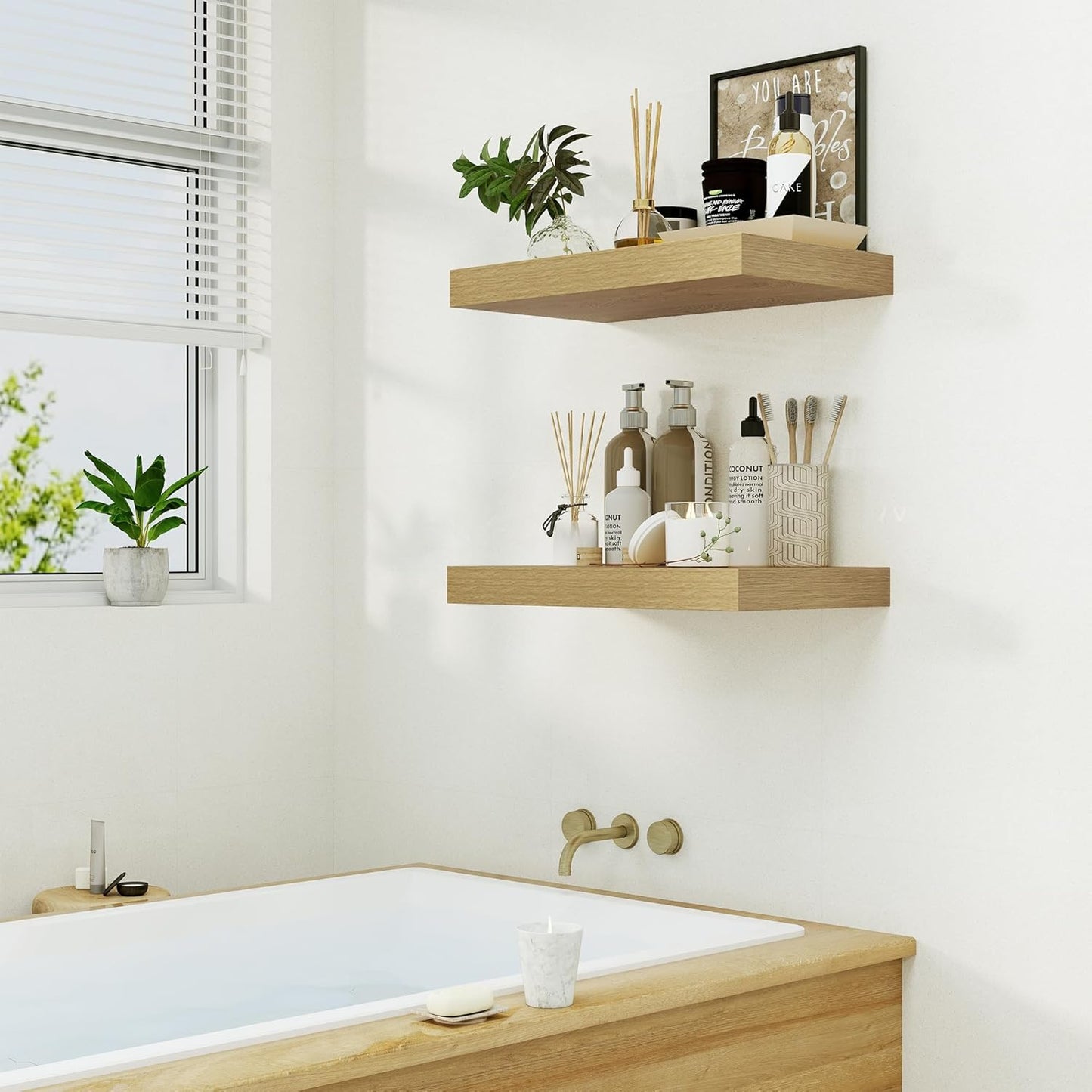 Heimlove Bathroom 12'' Deep Floating Shelves for Wall - Shelf Over Toilet Wall Mounted Farmhouse 24 inches,Rustic Wood Wall Shelves Decor & Storage Set of 1 Oak