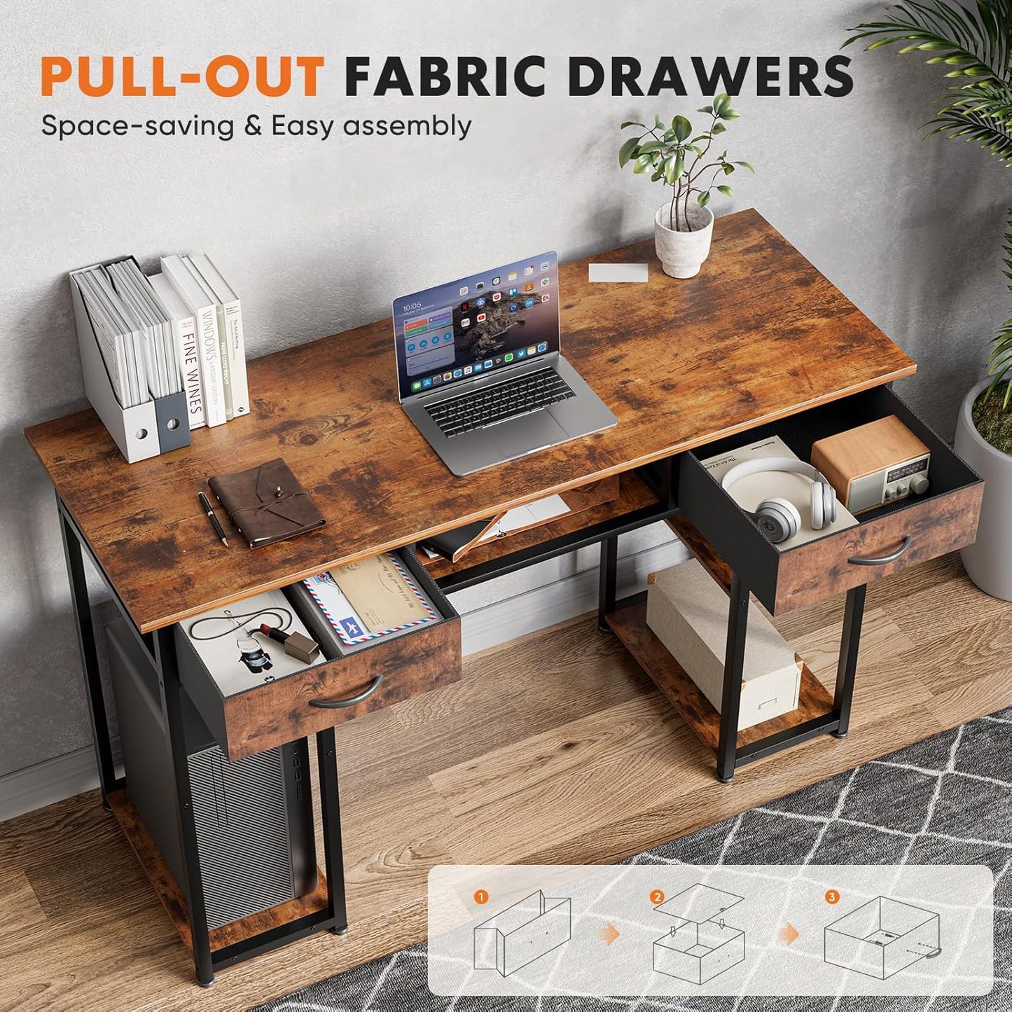 Whitmor Computer Desk - 48 Inch Home Office Study Writing Table with 2 Fabric Drawers, Storage Shelves, Side Bag, Headphone Hook, Brown