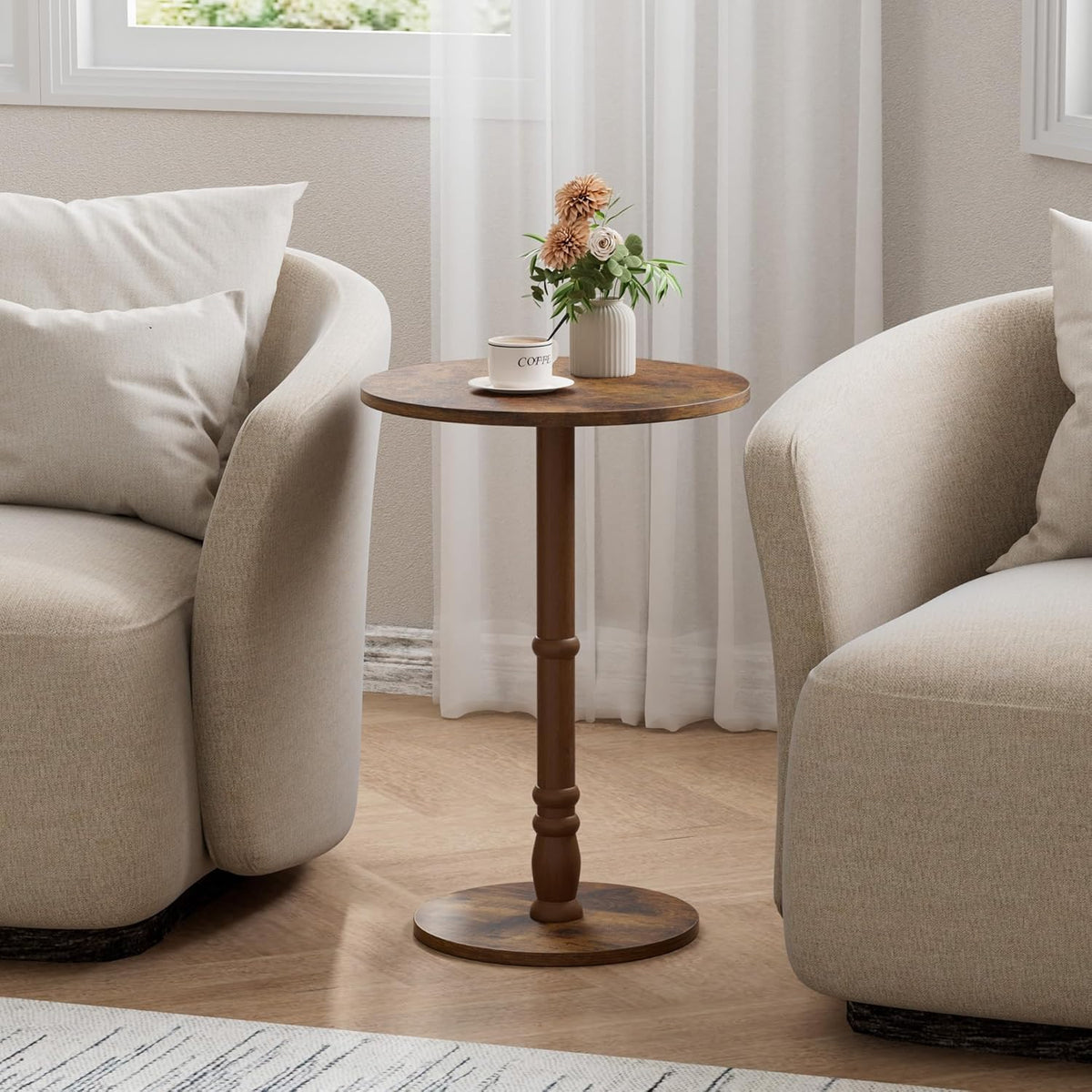 Round Side Table, Solid Wood Pillar, Large 15.7" Top, Small Accent Table for Living Room, Bedroom, Sofa, Entryway & Office, Easy Assembly, Rustic Brown