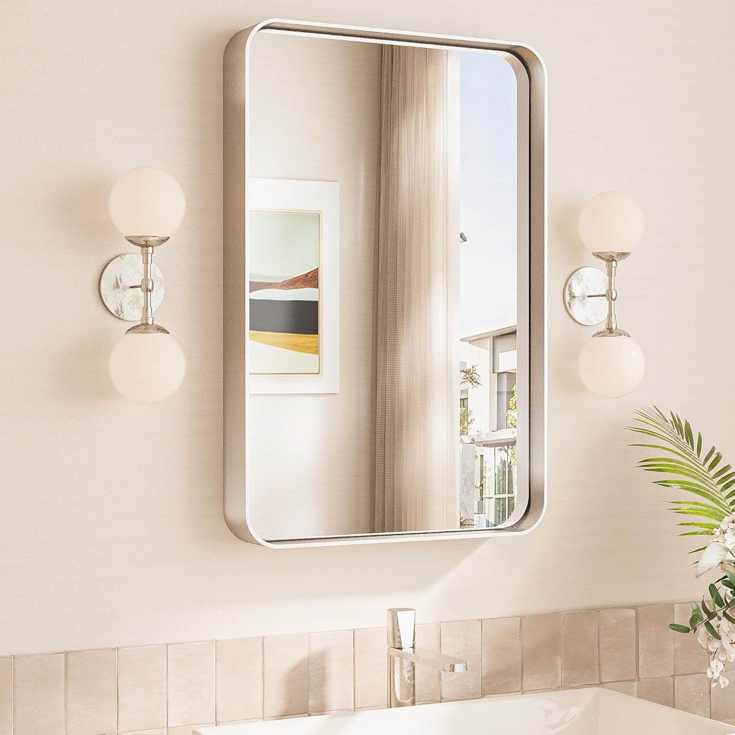 TokeShimi 16x24 Brushed Nickel Bathroom Wall Mirror Vanity Metal Frame Round Corner Rectangular for Home Decor Living Room Entryway (Horizontal/Vertical)