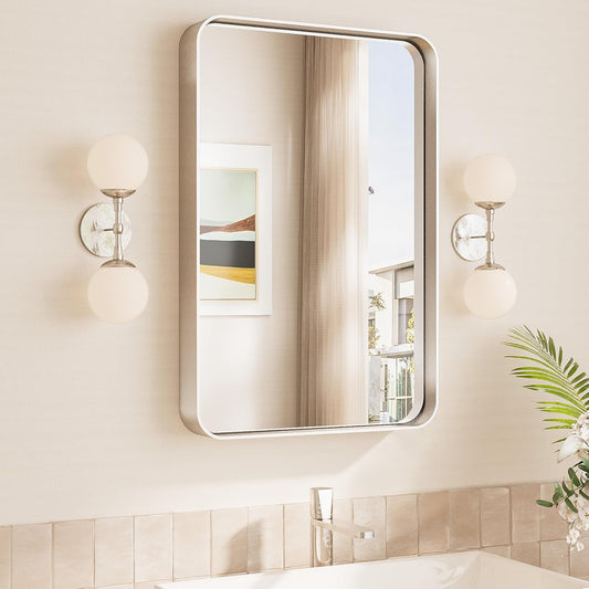 TokeShimi 16x24 Brushed Nickel Bathroom Wall Mirror Vanity Metal Frame Round Corner Rectangular for Home Decor Living Room Entryway (Horizontal/Vertical)