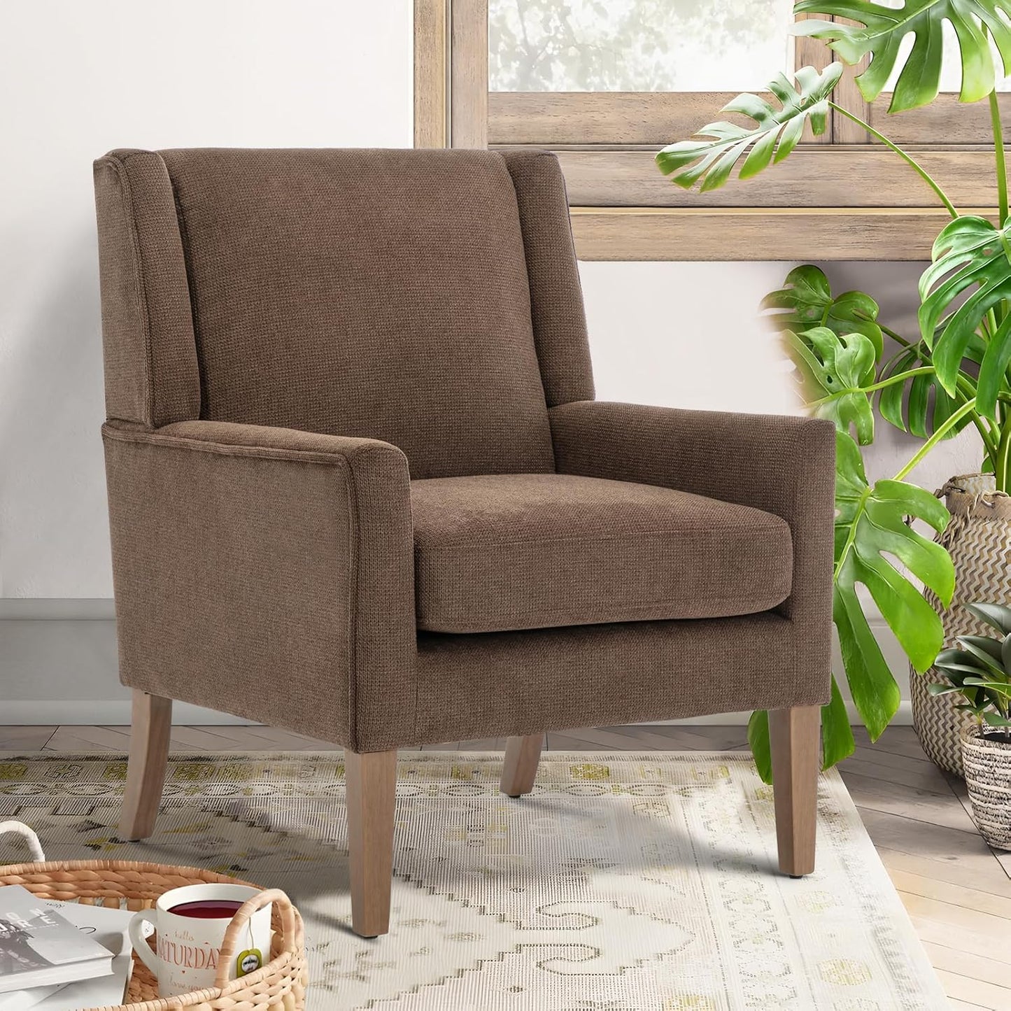 COLAMY Modern Wingback Living Room Chair Set of 2, Upholstered Fabric Accent Armchair, Single Sofa Chair with Lounge Seat and Wood Legs for Bedroom/Office/Reading Spaces, Brown
