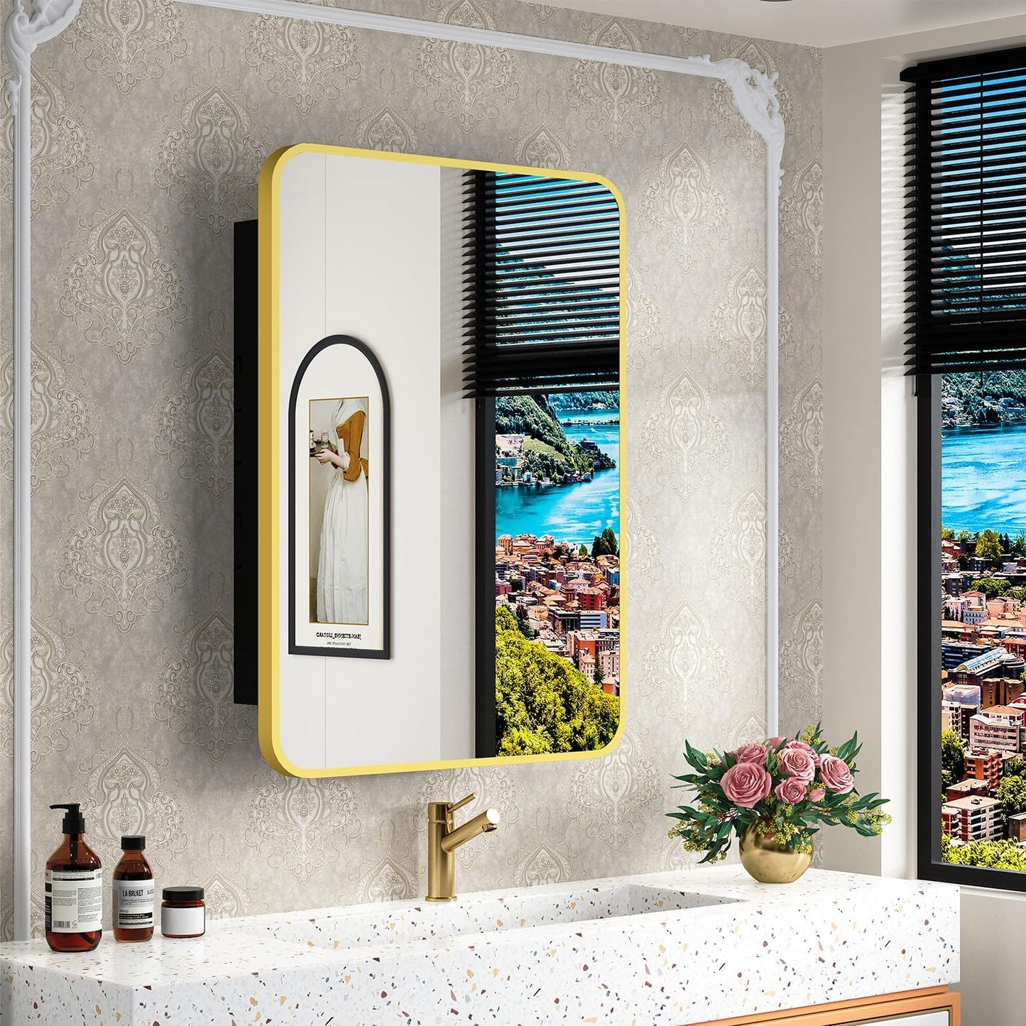 20x28 Inch Gold Recessed Medicine Cabinet with Mirror Metal Framed Surface Wall Mounted Bathroom Medicine Cabinet Mirror with Storage