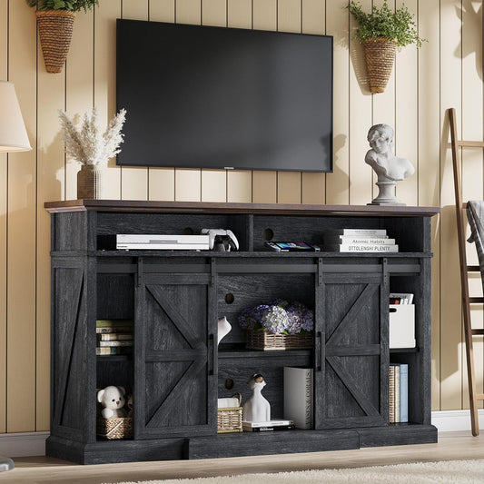 66" Farmhouse TV Stand with Sliding Barn Doors, 40" Tall Entertainment Center for 75 Inch TVs, Rustic Media Console Table Storage Cabinet w/Soundbar & Adjustable Shelves, Living Room, Dark Gray