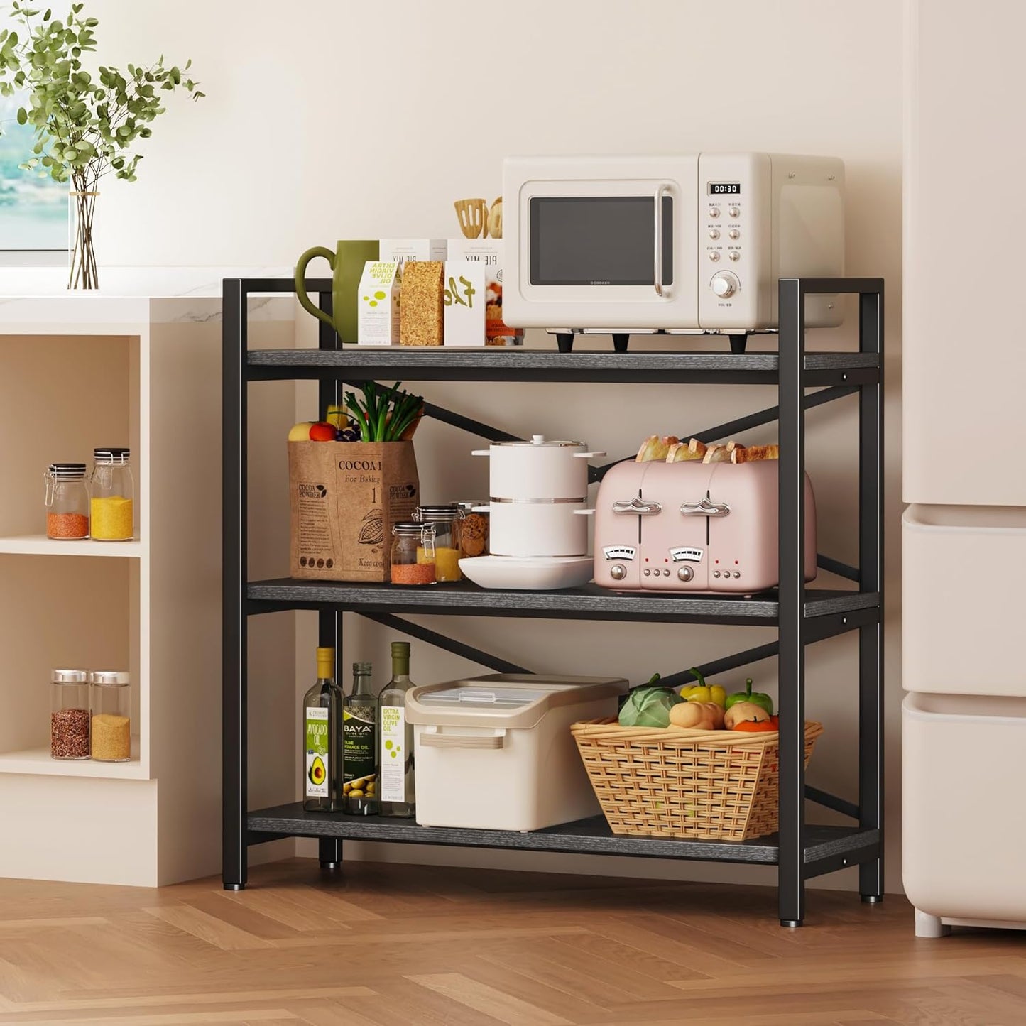 Homeiju 3 Tier Bookshelf 31.49" Width, Wood and Metal Etagere Bookcase, Vintage Farmhouse Modern Wooden Big Book Shelf for Home Living Room Bedroom Office Storage(Grey)