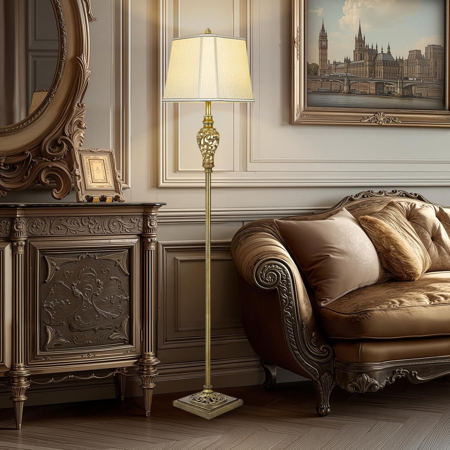 Vintage Floor Lamp for Living Room, 65" Tall Lamp with Nightlight and Beige Faux Silk Shade, Farmhouse Standing Lamp for Bedroom, Office Corner, or Study, Elegant Rustic Home Decor (LED Bulb Included)