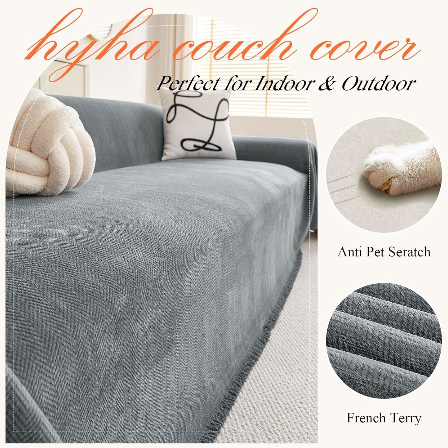 hyha Couch Cover for Dogs, Boho Sofa Covers for 3 Cushion Couch Washable, Chenille Sofa Slipcover for Pets, Soft Loveseat Sectional Couch Throw Blankets with Tassels (Grey, 71x134 Inch)