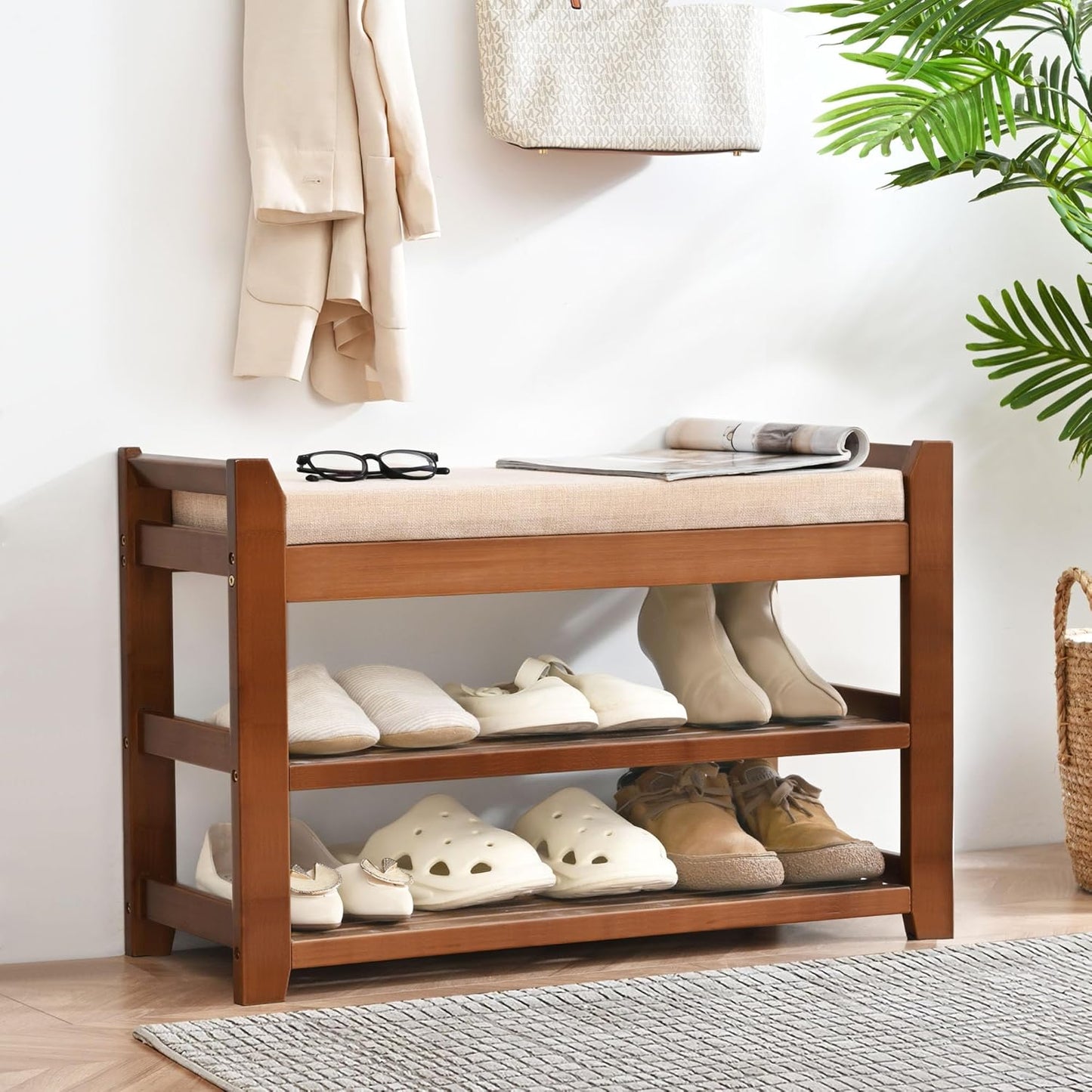 Shoe Rack with Cushion for Font Door Entrance, 27.6 in Shoe Bench with Storage for Entryway, Hallway, Bedroom, Living Room