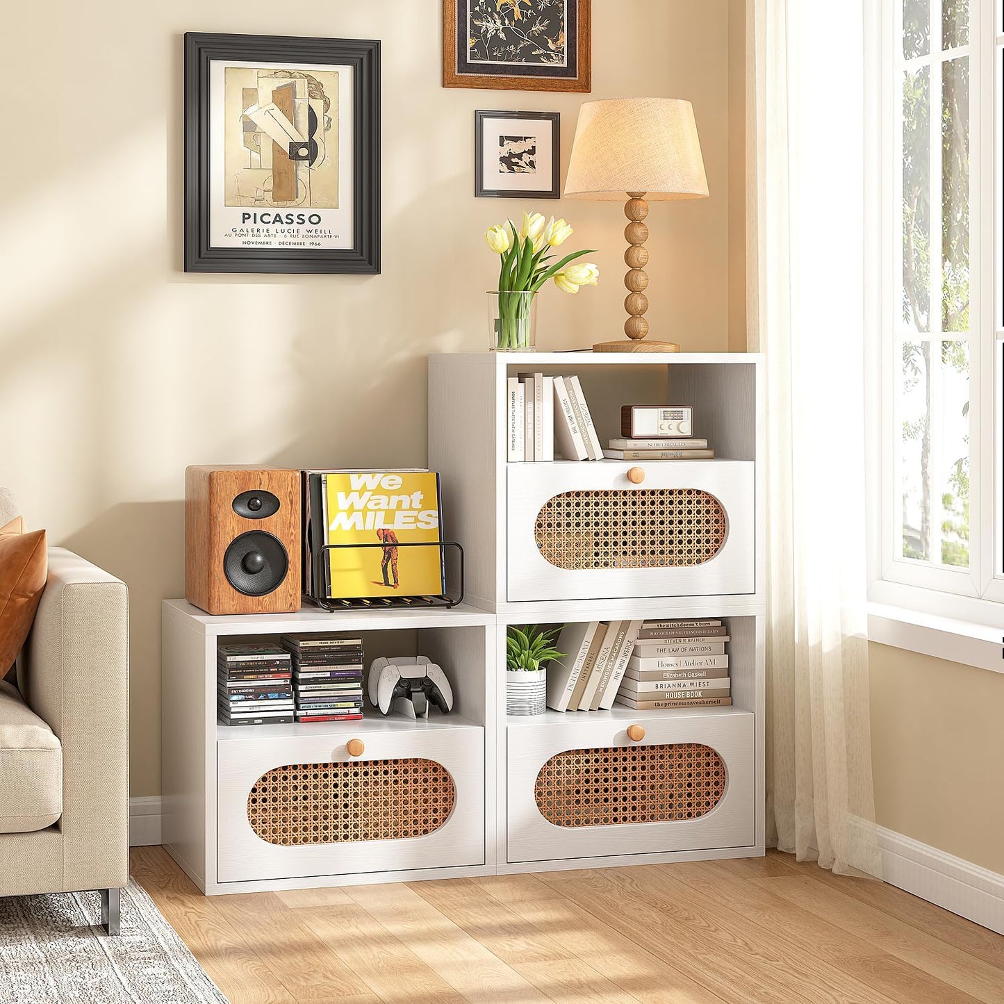 3-in-1 Modular TV Stand with Rattan Doors, DIY Media Console Boho Entertainment Center Modern TV Cabinet with Open Shelves,White
