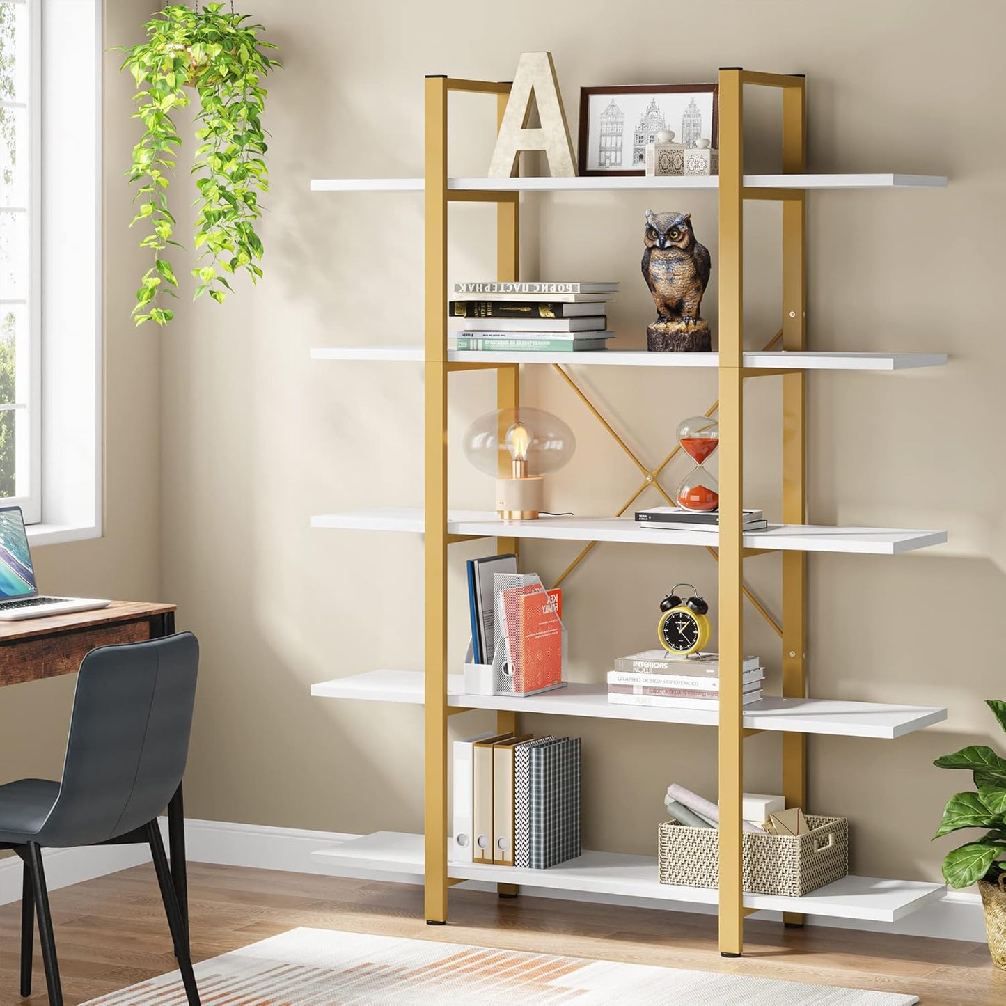 Tribesigns 5-Tier Bookshelf, Vintage Industrial Style Bookcase 70 ‘’ H x 12’’ W x 47’’L, Gold