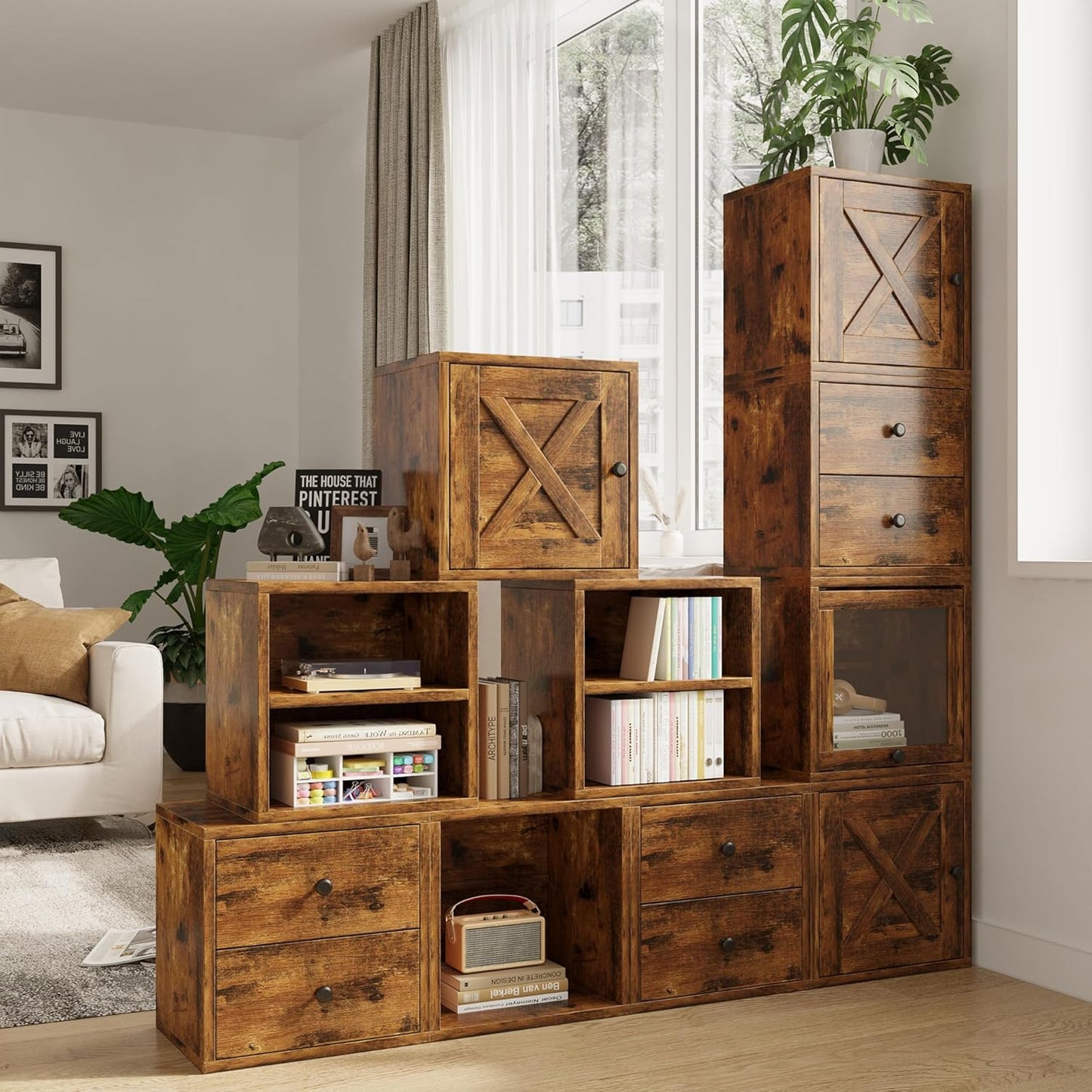 FUSUNBAO Magic DIY Cube Storage Organizer Stackable Cubes for Home Books Clothes Toy-Modular Cubby Storage System-Office Cubical-Bookcase Closet (Antique Brown, Door Cube)