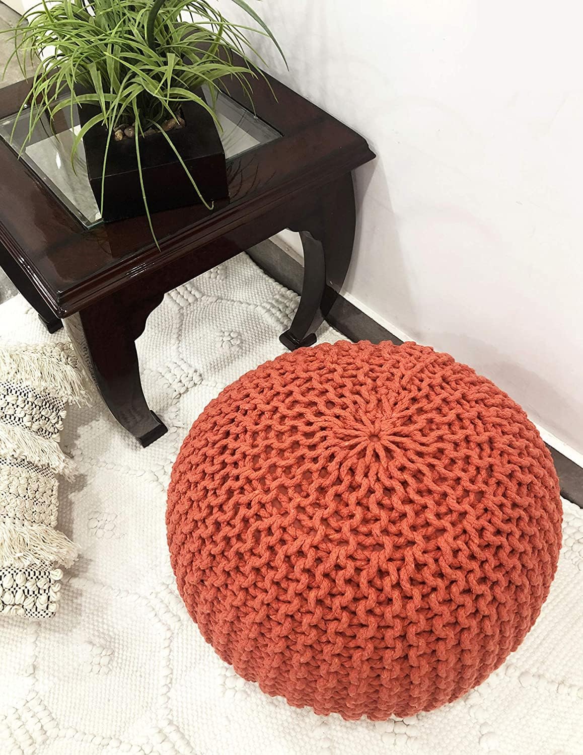 FRELISH DECOR Round Pouf Ottoman Hand Knitted 100% Cotton Pouf Foot Stool - Knitted Bean Bag - Floor Chair for Living Room Bedroom - Foot Rest for Couch (20 Diameter x 14 Height) - Rust