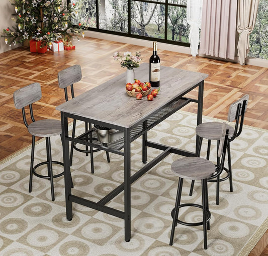 5-Piece Bar Table and Chairs Set, 43.3'' Pub Table Set Modern Small Table and Chairs Set of 4 for Breakfast Nook Living Room Small Space Restaurant, Grey