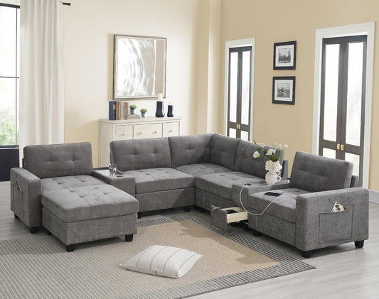 Merax 6 Seater Chenille Sectional Couches with 2 Acrylic Table Top Consoles, Upholstered Modular Tufted Sofa Chaise with Ottoman, Storage Drawers, Pockets, USB Charger & Cup Holders for Living Room