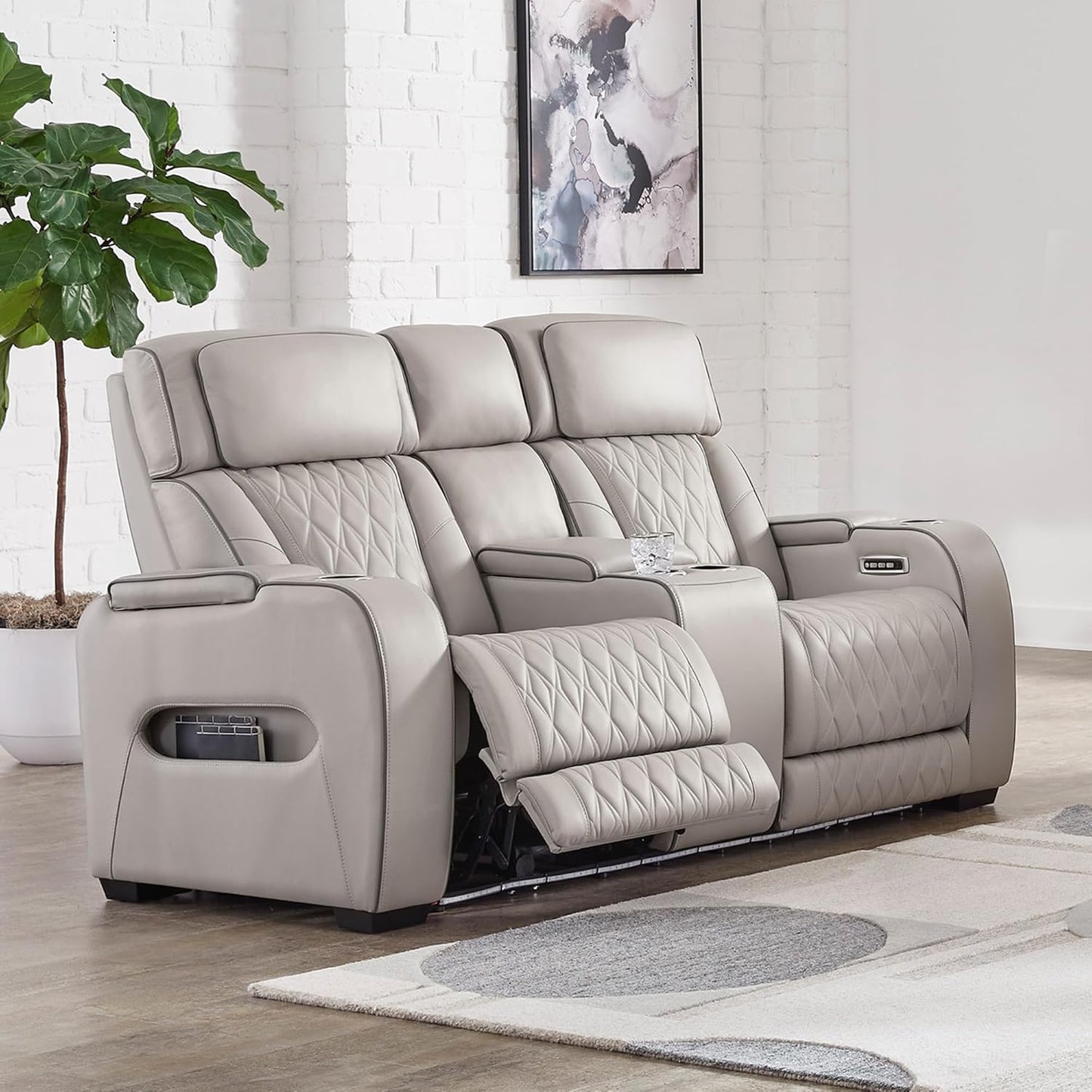Signature Design by Ashley Boyington Contemporary Leather Match Power Reclining Loveseat with Console and USB Charging Ports, LED Lights and Adjustable Headrest, Light Gray