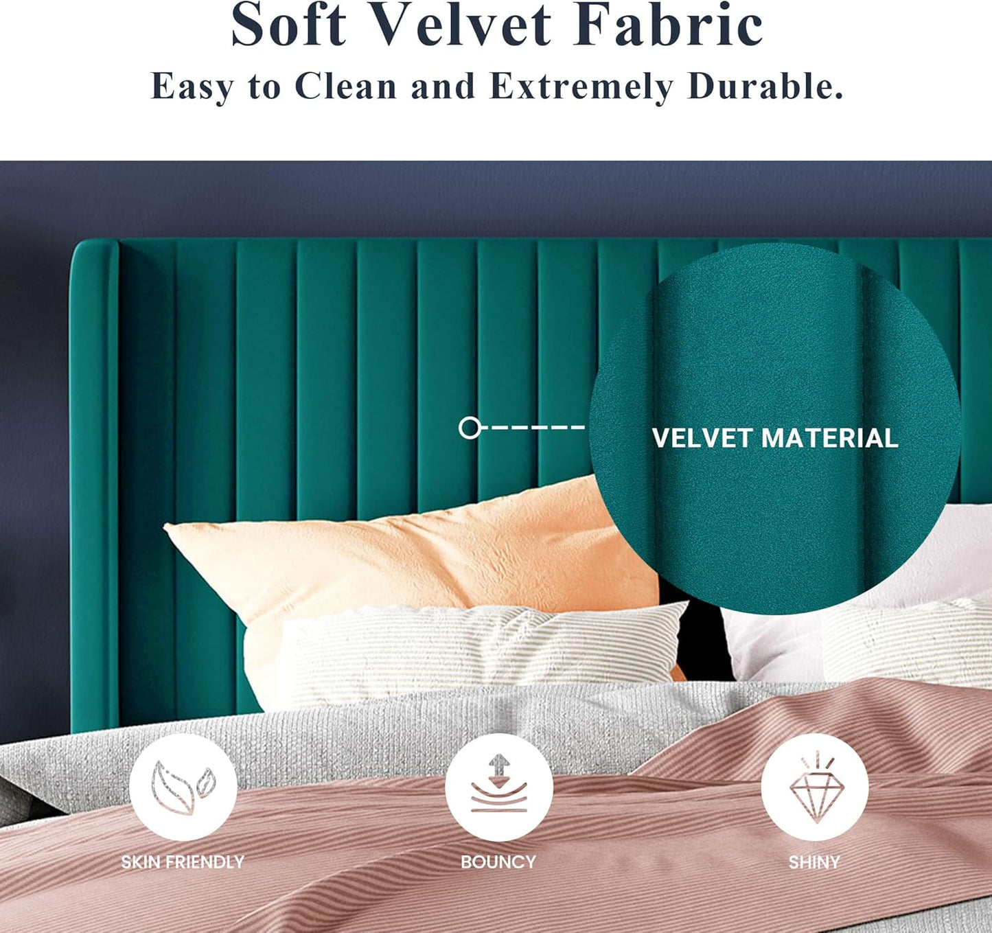 Allewie Full Size Bed Frame/Velvet Upholstered Platform Bed/Vertical Channel Tufted Wingback Headboard/Strong Wooden Slats/No Box Spring Needed/Easy Assembly/Teal