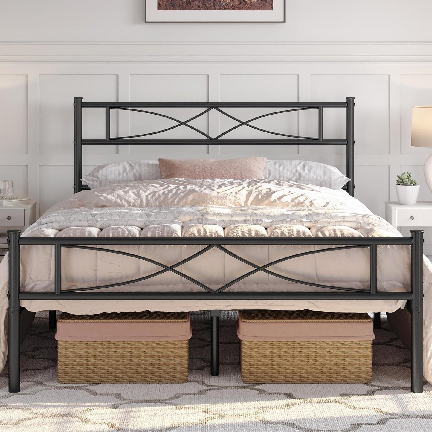 Yaheetech Metal Queen Platform Bed Frames Mattress Foundation with Storage/Curved Design Headboard/NO Box Spring Needed/Heavy-Duty Support/Easy Assembly, Queen, Black