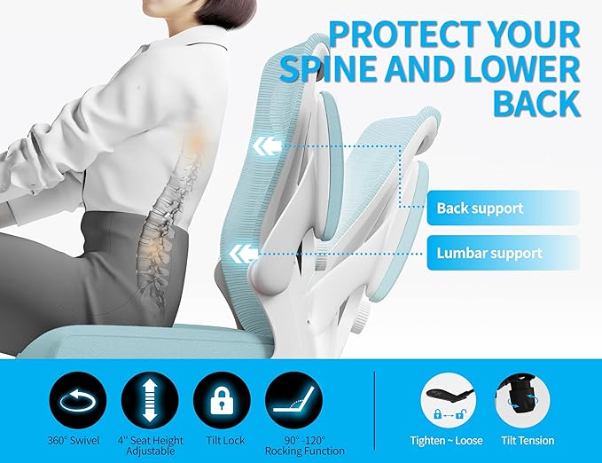 Office Chair - Ergonomic Desk Chair with Adjustable Lumbar Support, Mesh Computer Chair, Executive Office Chairs for Adults, Wide Seat Office Chair Back Support for Tall Men (Lake Blue)