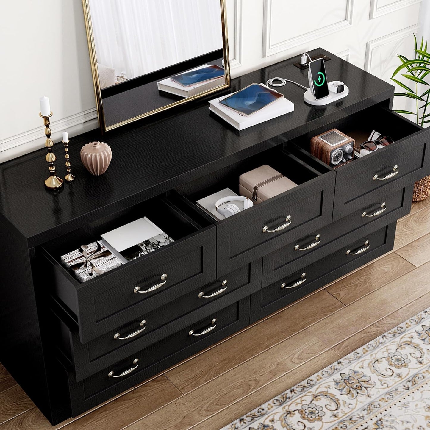 YITAHOME Drawers TV Stand for 65 inches with Power Outlets -Chest of Drawers Dresser with Side Organizer Bag Entertainment Center TV Console, Black