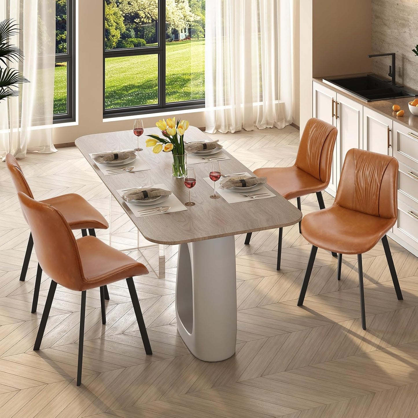 Upholstered Dining Chairs Set of 2, Modern Kitchen & Dining Room Chairs, Faux Leather, Sturdy Metal Legs, for Living Room, Cafe & Restaurant- Brown