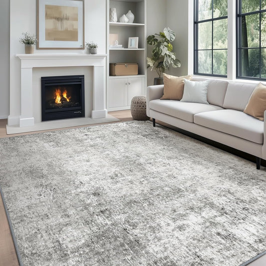 Washable Area Rugs 9'x12' Non-Slip Modern Abstract Soft for Living Room Entryway Bedroom Nursery, Print Pattern, Gray White Grey