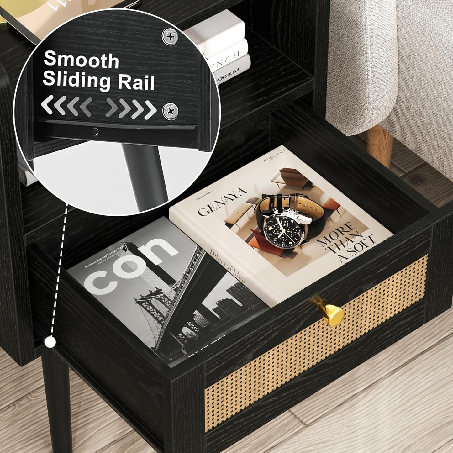 Nightstand Rattan with Charging Station, Mid Century Modern Bed Side Table, Boho End Table with Wood Legs, Bedside Tables for Bedroom Living Room (2, Black, 11.8" D x 15.9" W x 23.4" H (1 Drawers))