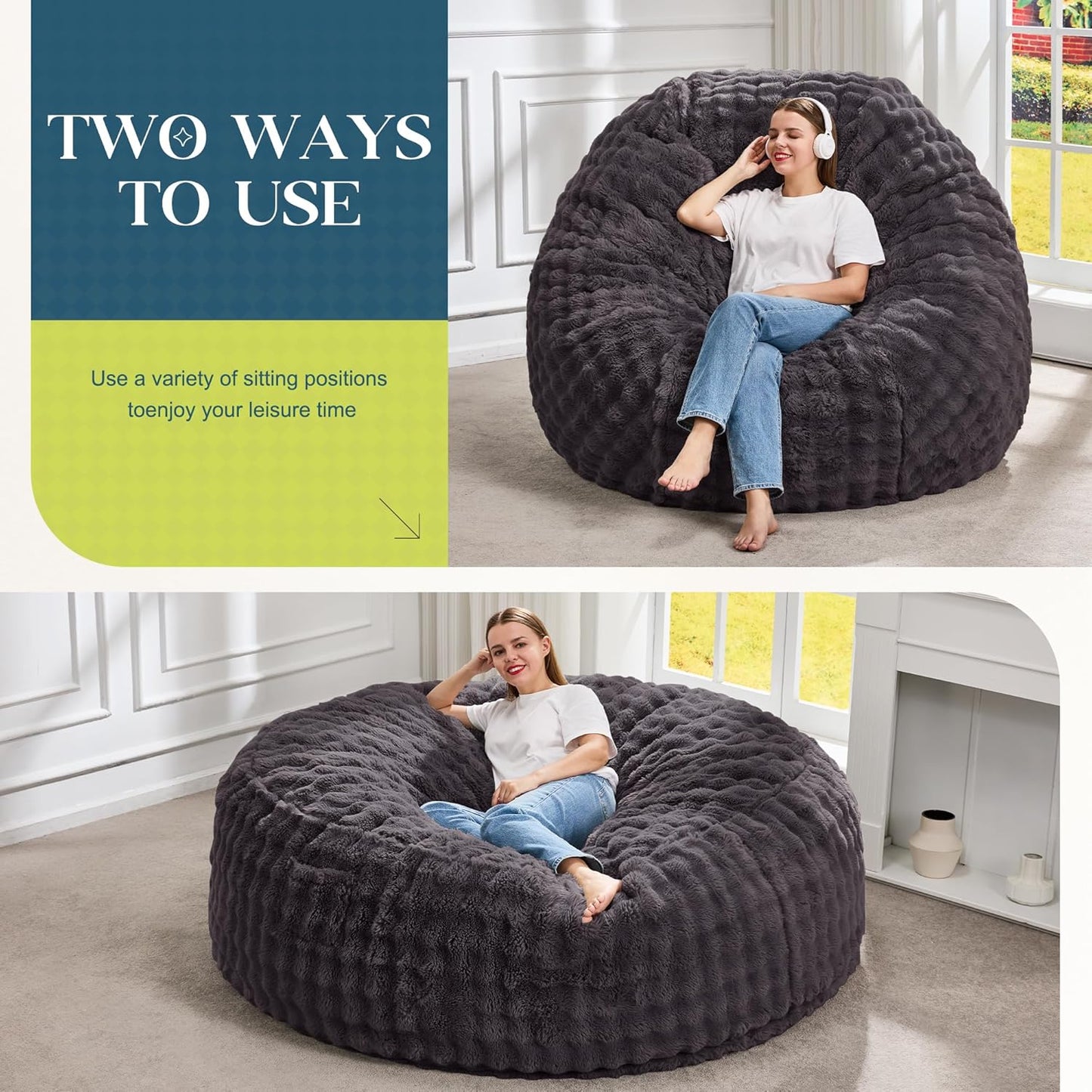 Hobestluk Bean Bag Chairs 6ft Beanbag Chair with Filler Adult Bean Bags with Fluffy & Machine Washable Cover, Giant Bean Bag Chairs for Adults (Dark Grey, 6FT-70" x 70" x 15")