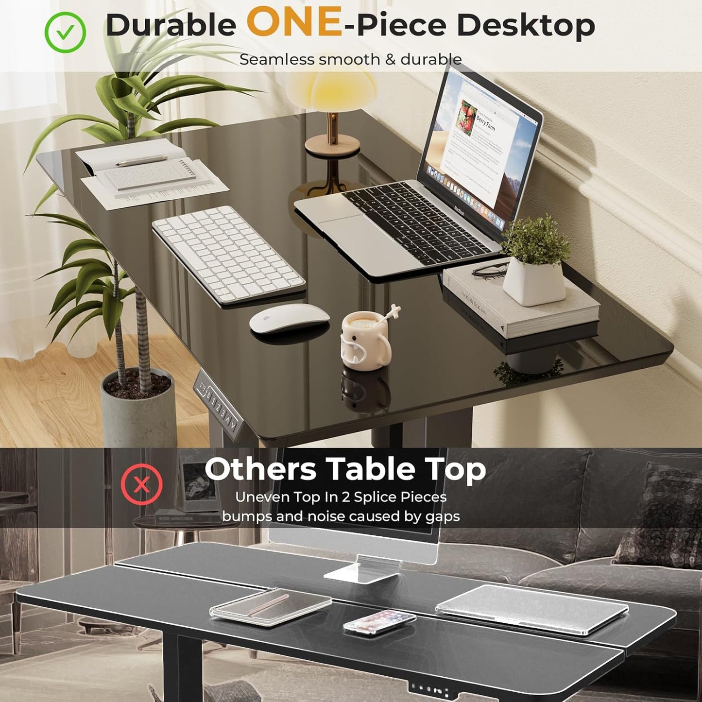 JOY worker Small Glass Standing Desk, 35" x 20" Electric Whole Piece Height Adjustable Desk with 4 Lockable Casters, Mobile White Sit to Stand Workstation for Home Office, Black