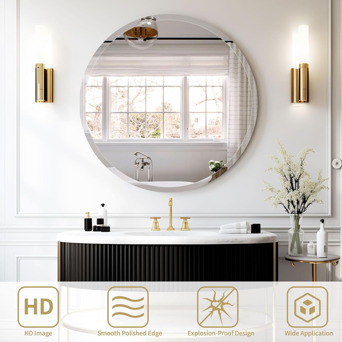 28" Frameless Beveled Round Mirror with 1" Edge for Bathroom, Entryways, Vanity, Wall Decor