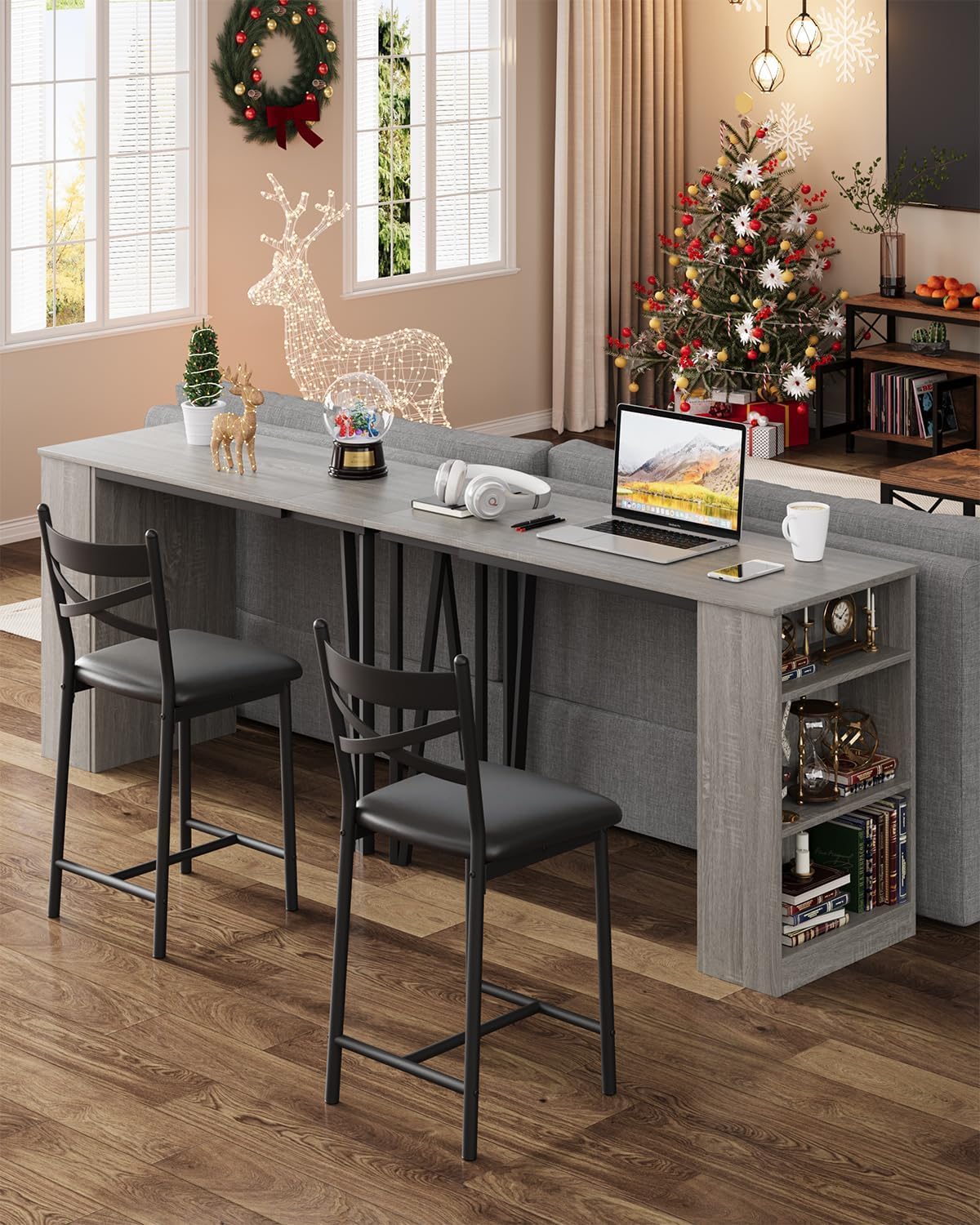 GAOMON 3 Piece Bar Table Set for 2, Bar Table and Chairs Set with with Flip Top Extension, Dining Table Set with Storage Shelves, Suitable for Small Space Kitchen Apartment, Grey
