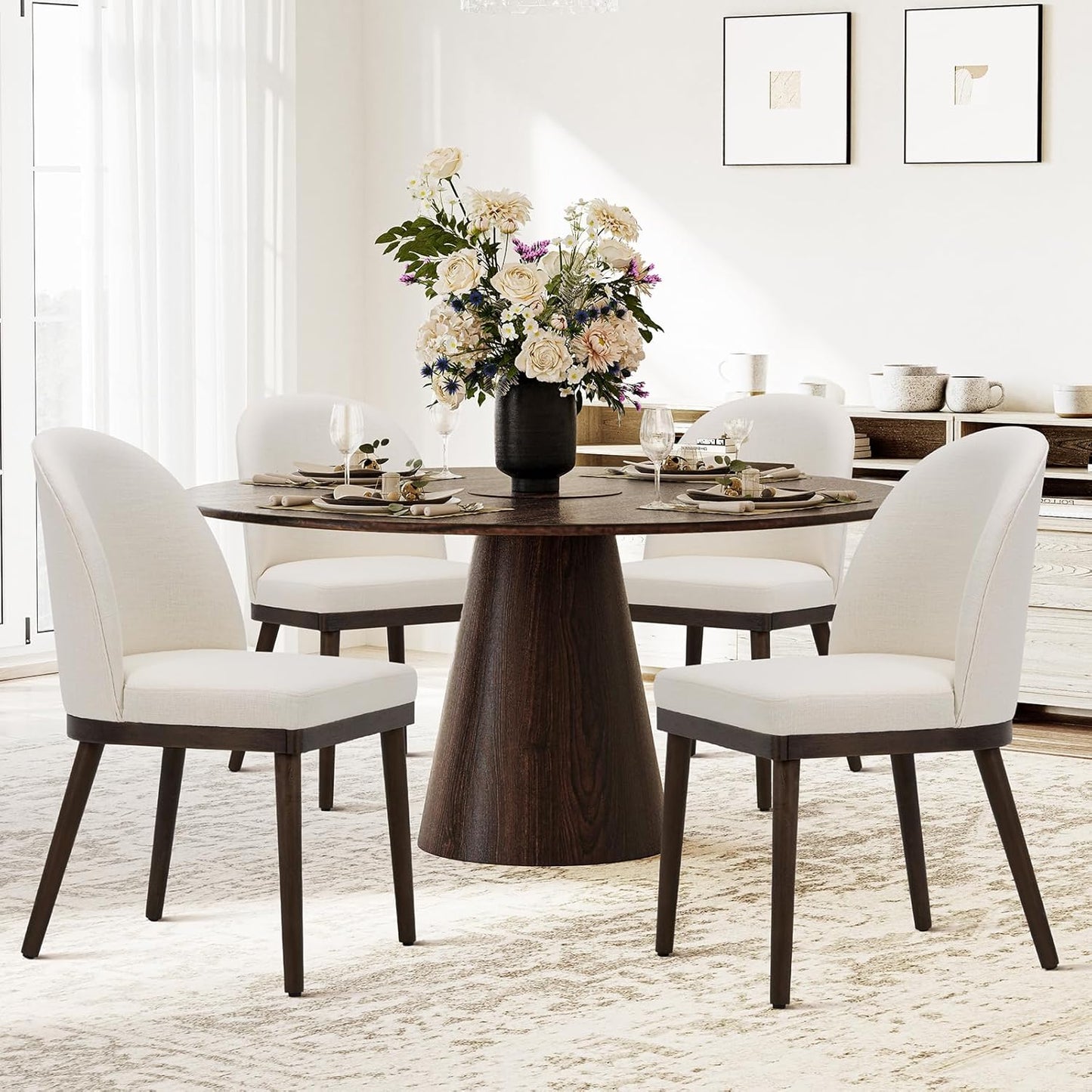 COLAMY Upholstered Dining Chairs Set of 4, Wooden Kitchen Chairs with Open Back, Modern Dining Room Chairs with Wood Frame, Dinner Side Chairs for Dining Room Kitchen Restaurant, Beige
