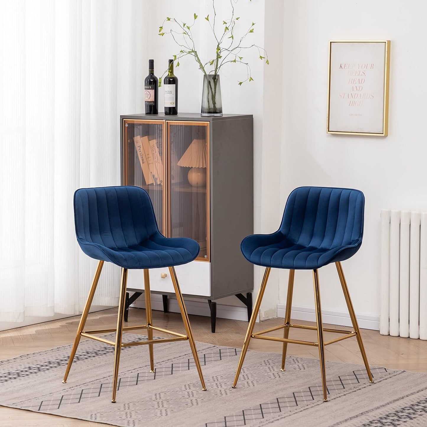 Sidanli Blue Bar Stools Set of 2, 24 Inch Velvet Counter Height Bar Stools with Footrests, Modern Bar Chairs for Home, Kitchen Island, Dining Room