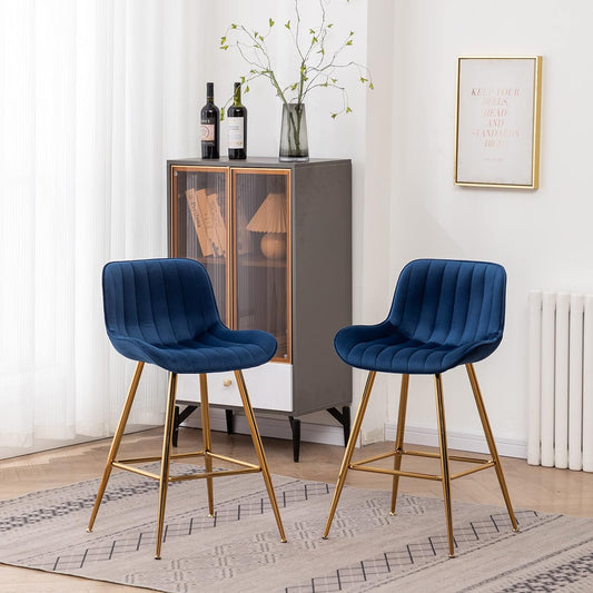 Sidanli Blue Bar Stools Set of 2, 24 Inch Velvet Counter Height Bar Stools with Footrests, Modern Bar Chairs for Home, Kitchen Island, Dining Room