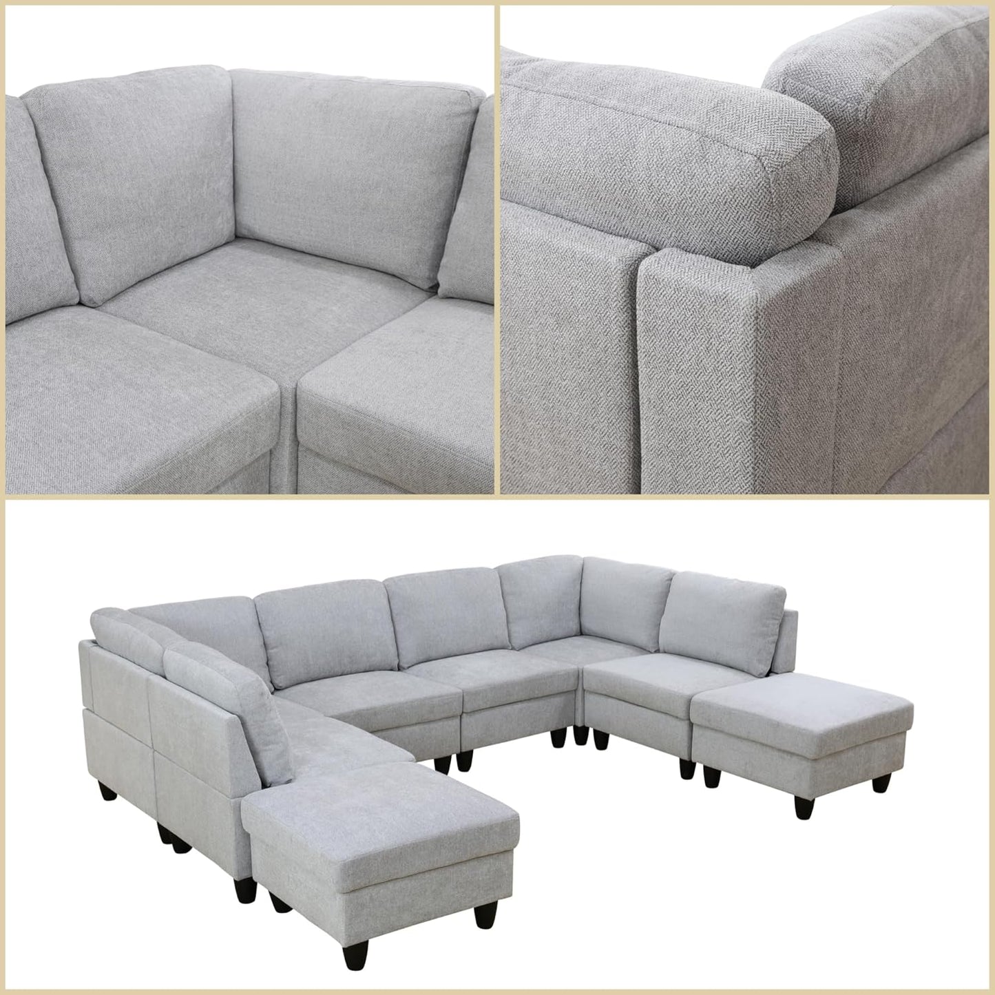 U Shaped Sectional Couch, Convertible Modular Sectional Sofa with Ottomans, 8 Seat Comfy Corner U Shaped Couch Lounge Modern Modular Couches for Living Room Apartment, Grey