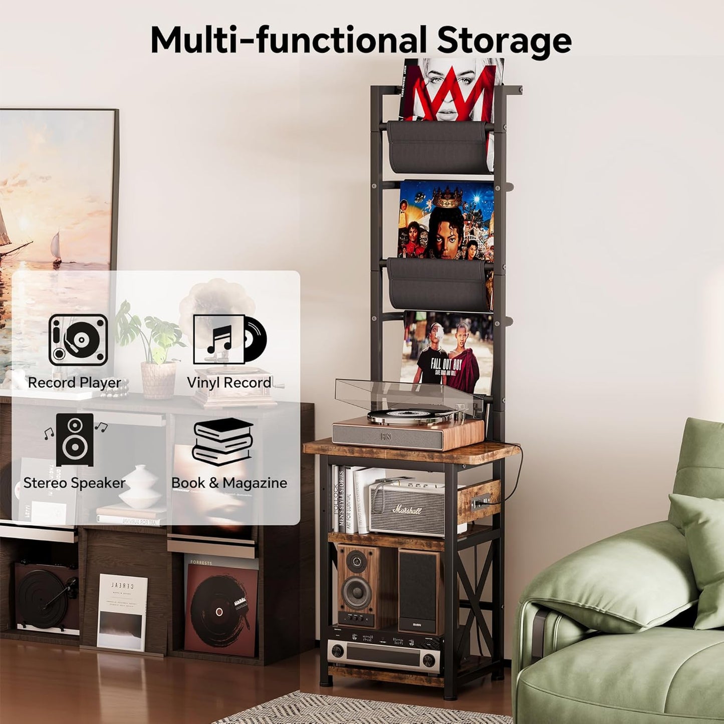 Record Player Stand with Power Outlet, 6 Tier Vinyl Record Display Shelf, Record Player Table with album storage up to 200 Albums, Console Organizer Display Shelf, Gifts for Music Lovers