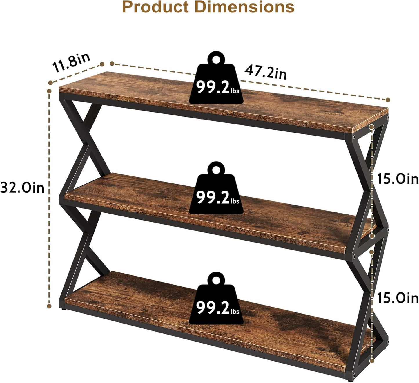 47.2 Inch Rustic Console Table, Industrial Entryway Table with 3-Tier Shelves - Long Hallway Sofa Table, TV Stand & Media Center for Living Room, Vintage Brown