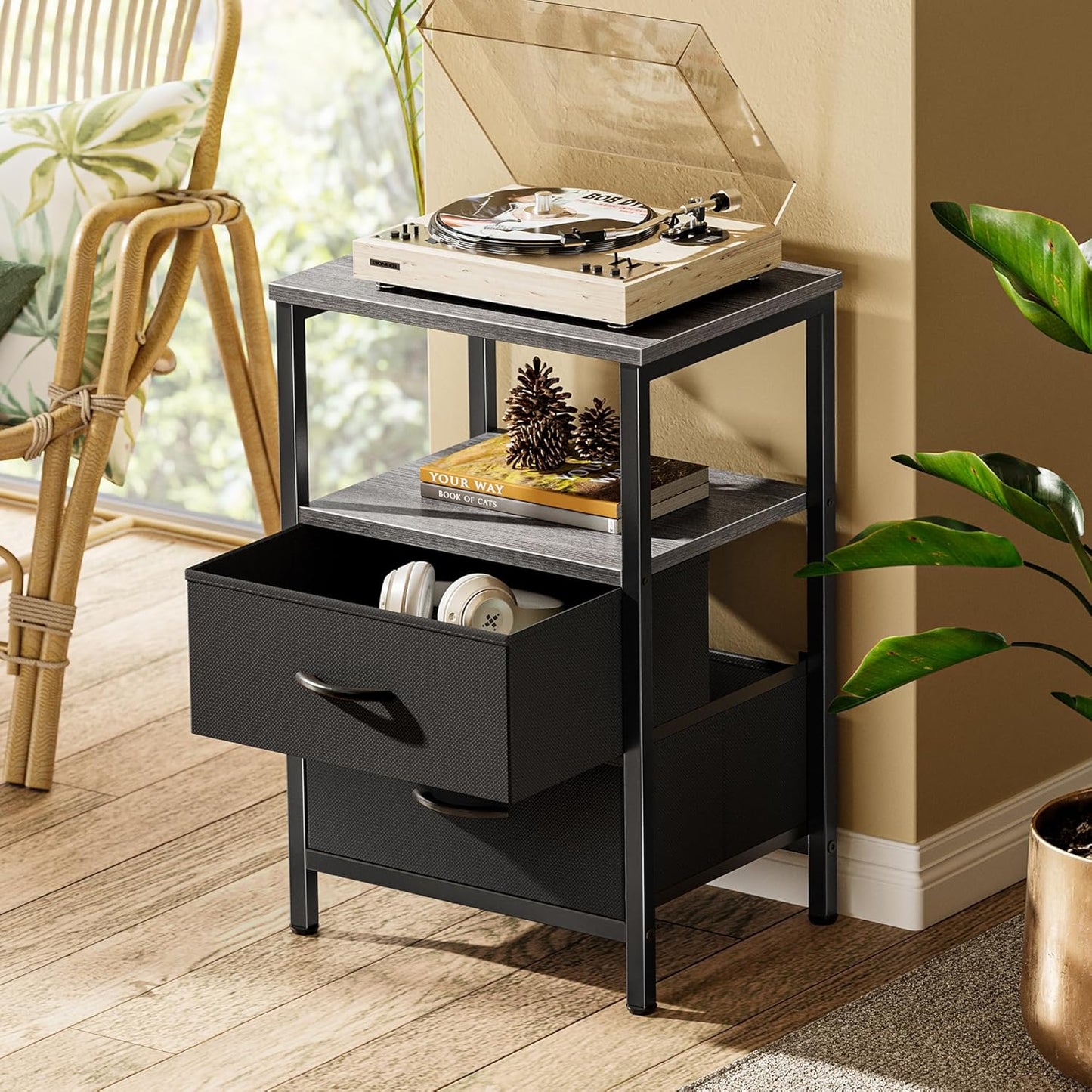 Huuger Night Stand Set of 2, Nightstand with 2 Drawers, Bed Side Table with Open Shelf, Wooden Top, End Table, Fabric Drawer, for Bedroom, Grey
